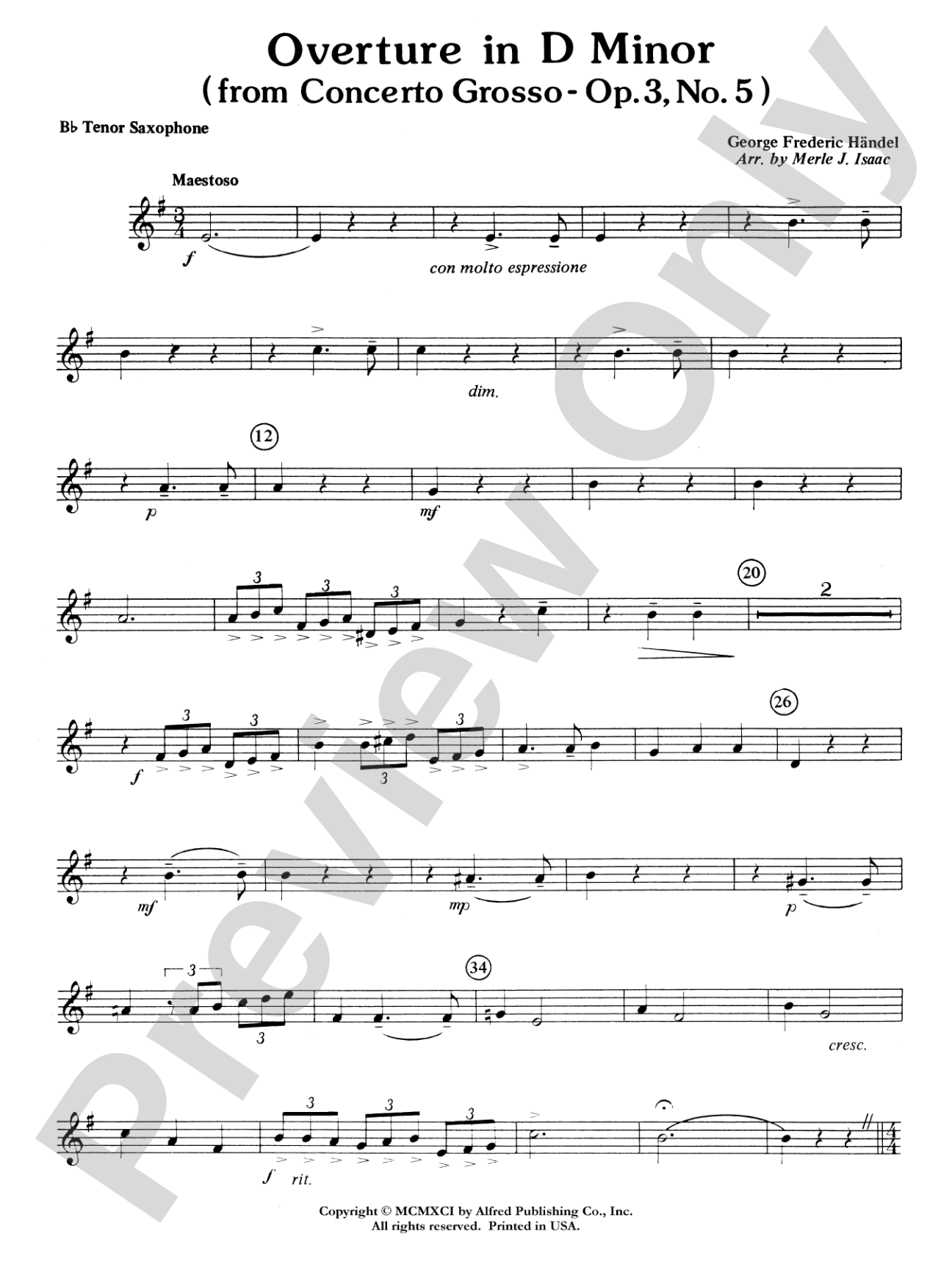 Overture in D minor (Concerto Grosso): B-flat Tenor Saxophone