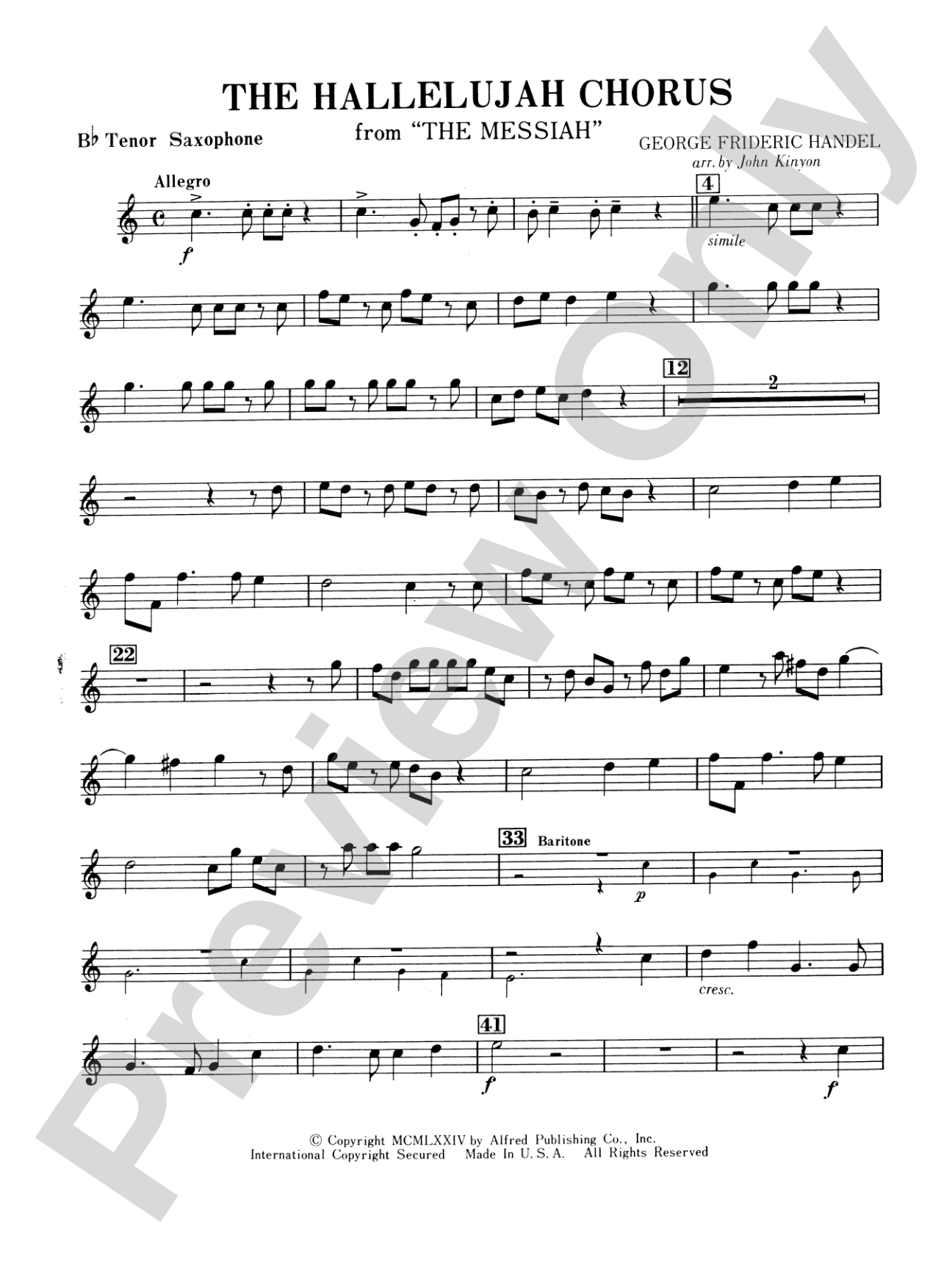 Hallelujah Chorus: B-flat Tenor Saxophone