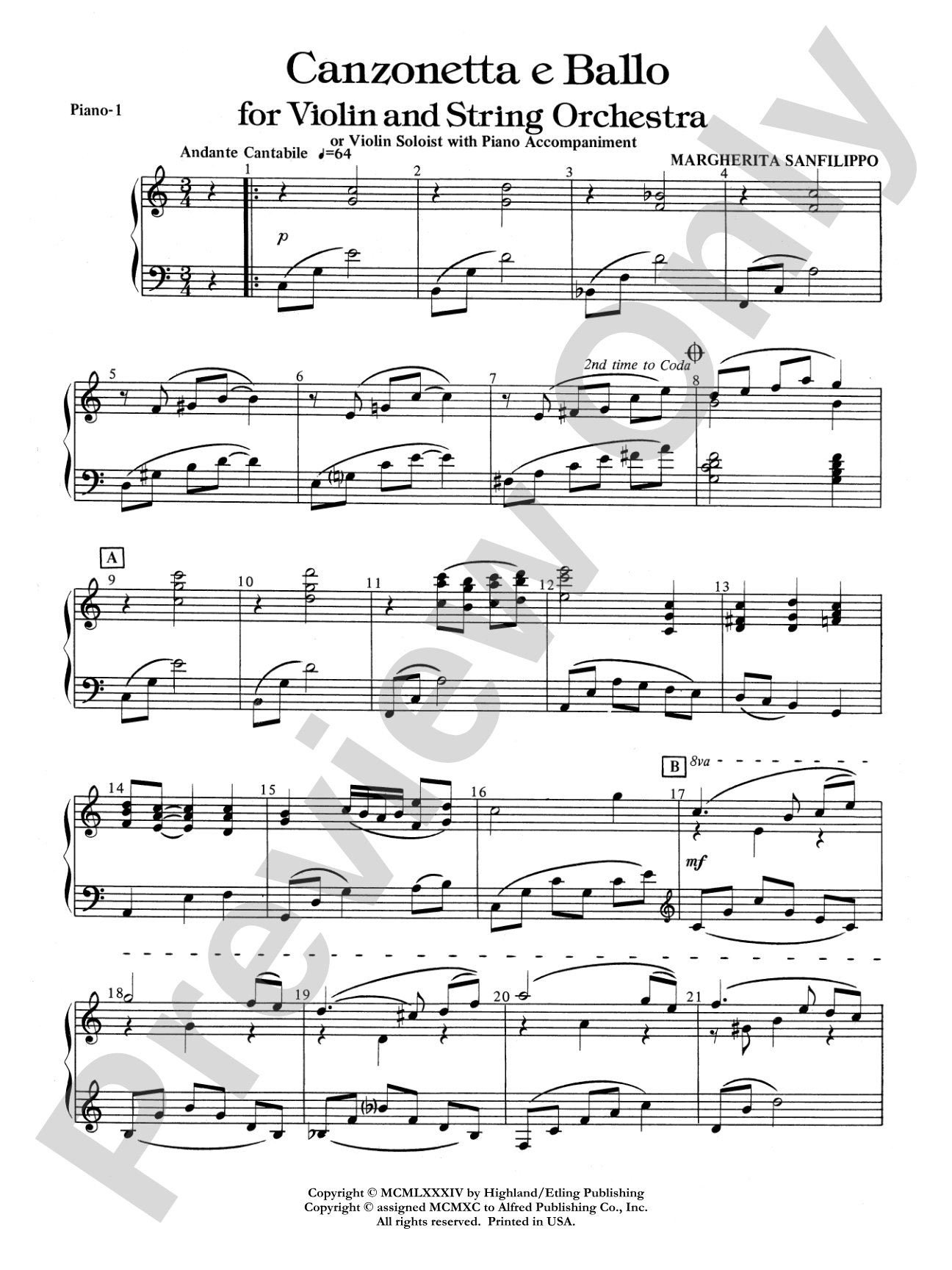 Canzonetta e Ballo (solo violin and string orchestra): Piano Accompaniment