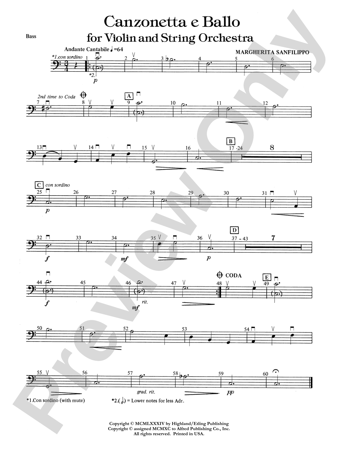 Canzonetta e Ballo (solo violin and string orchestra): String Bass