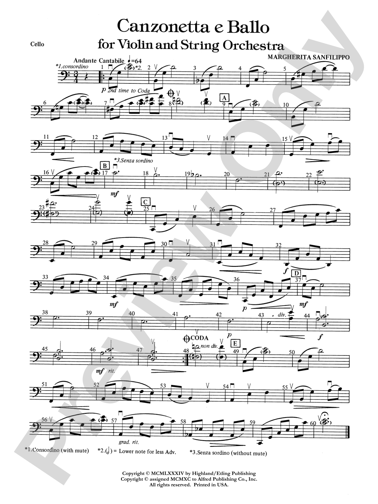 Canzonetta e Ballo (solo violin and string orchestra): Cello