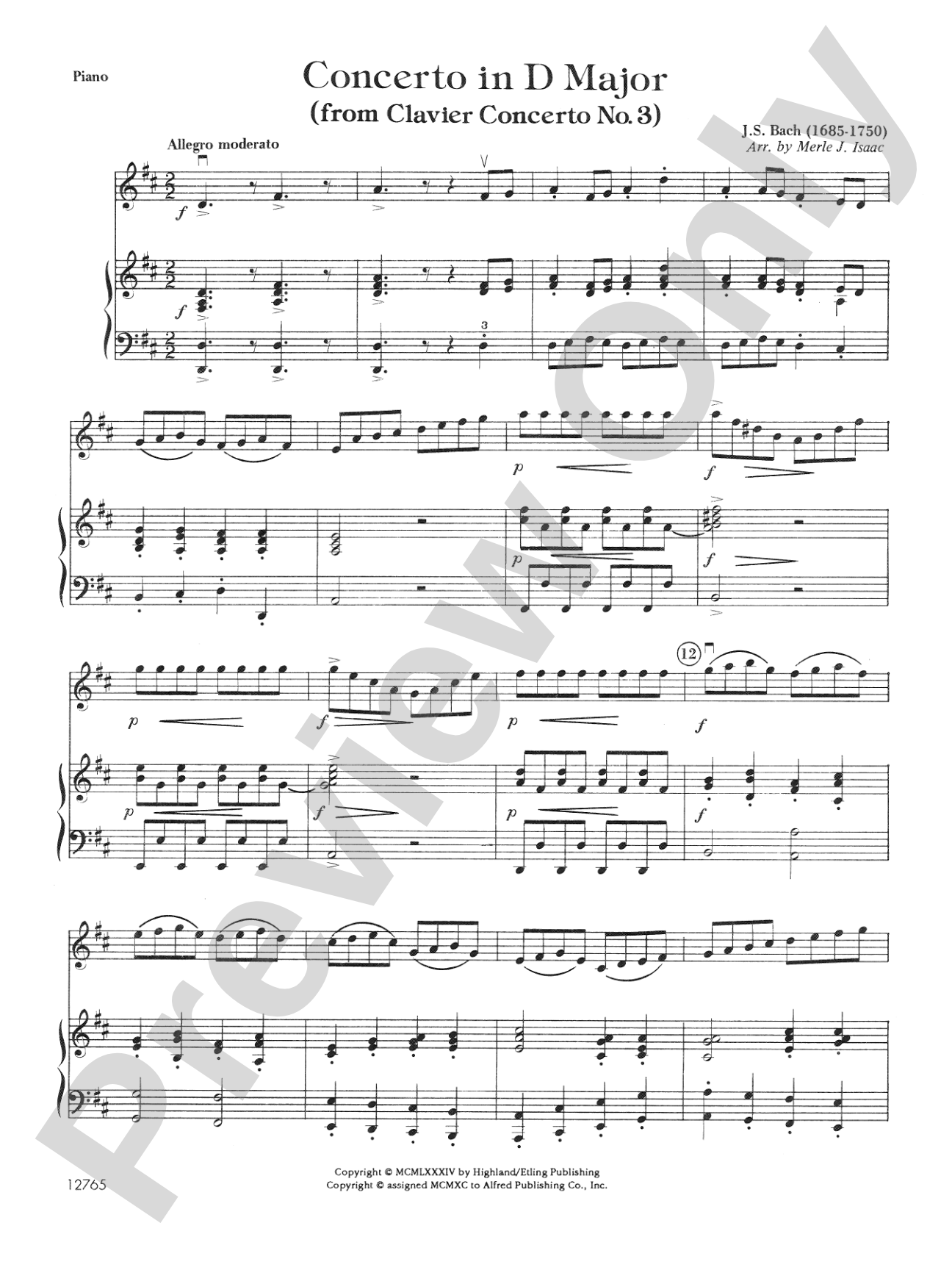 Concerto in D Major (from Clavier Concerto No. 3): Piano Accompaniment