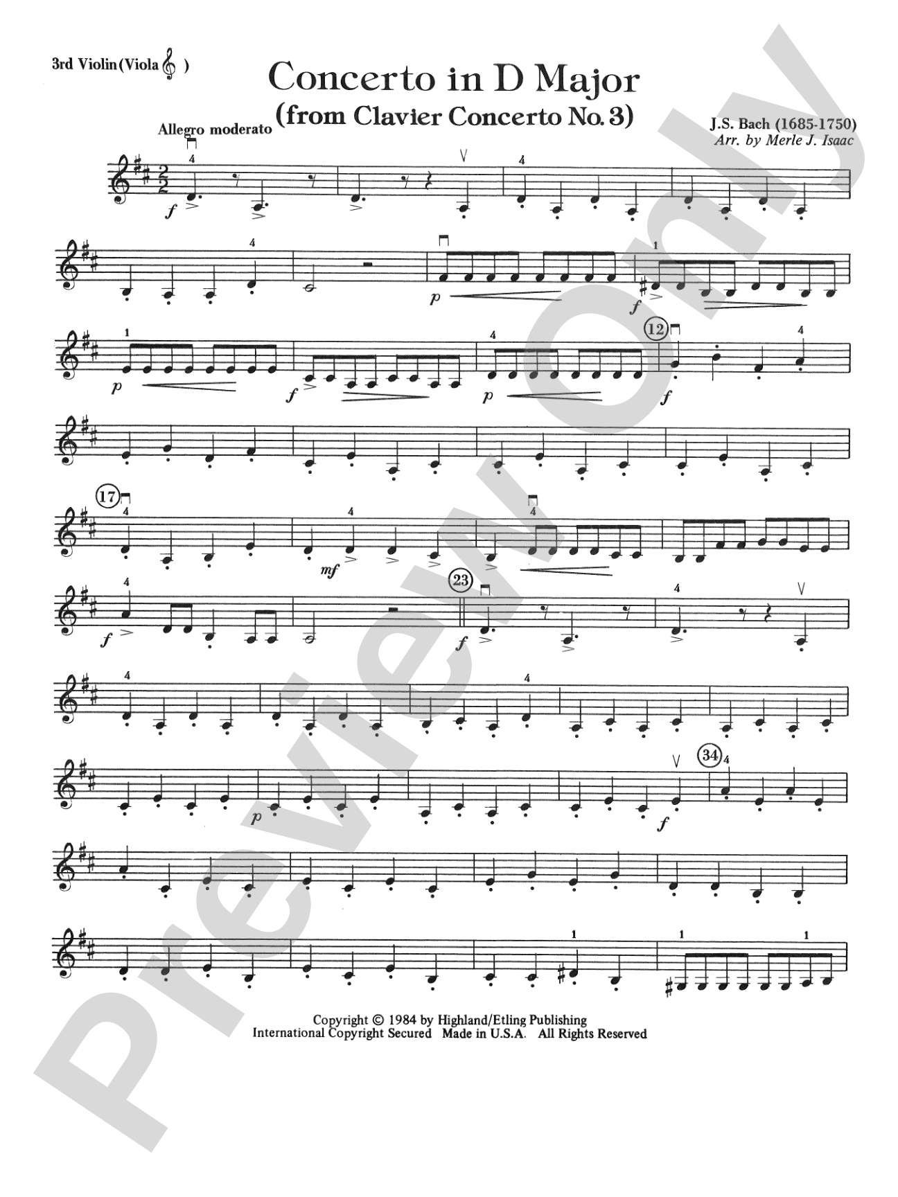 Concerto in D Major (from Clavier Concerto No. 3): 3rd Violin (Viola [TC])