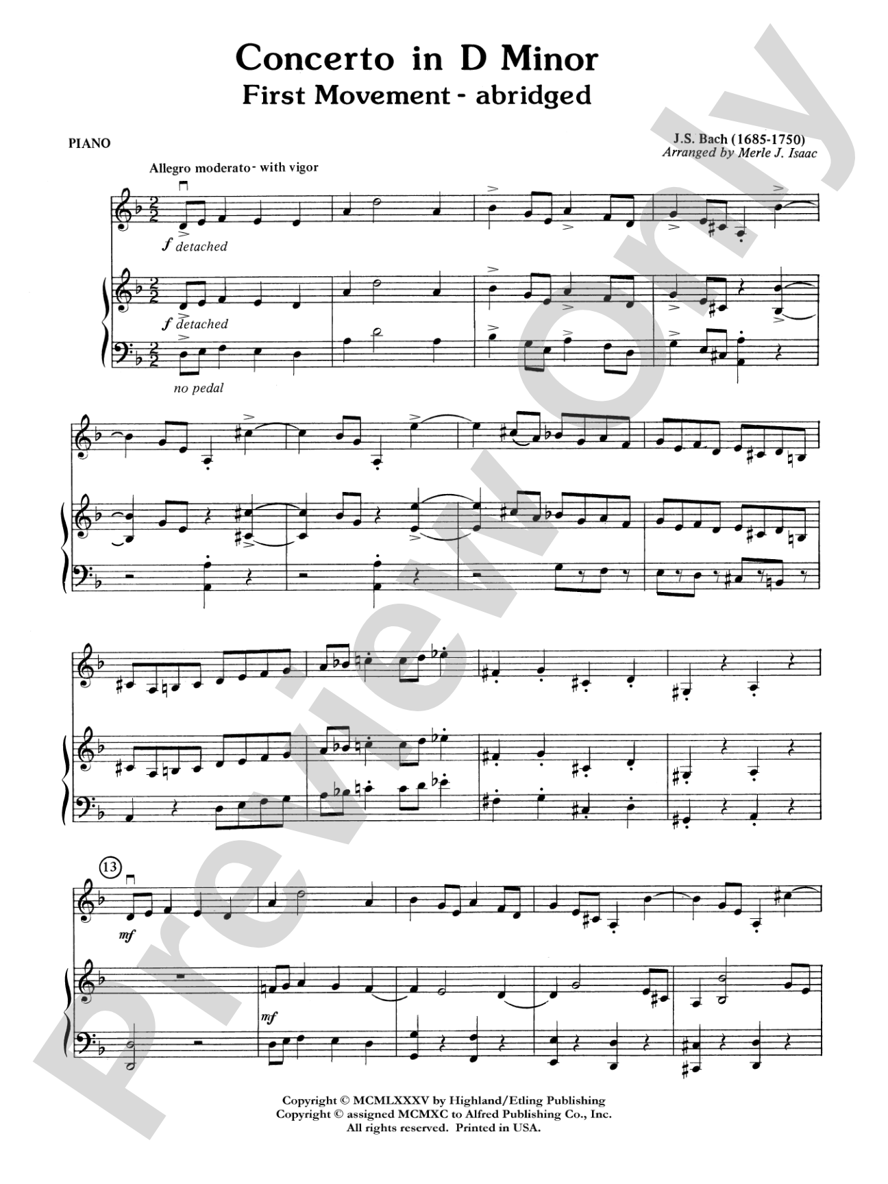Concerto in D minor: Piano Accompaniment