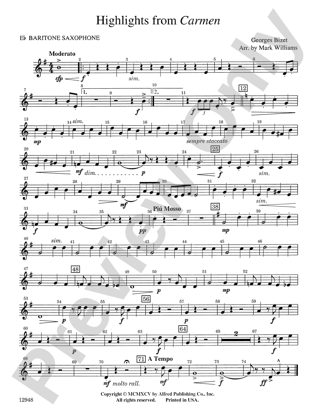 Highlights from Carmen: E-flat Baritone Saxophone