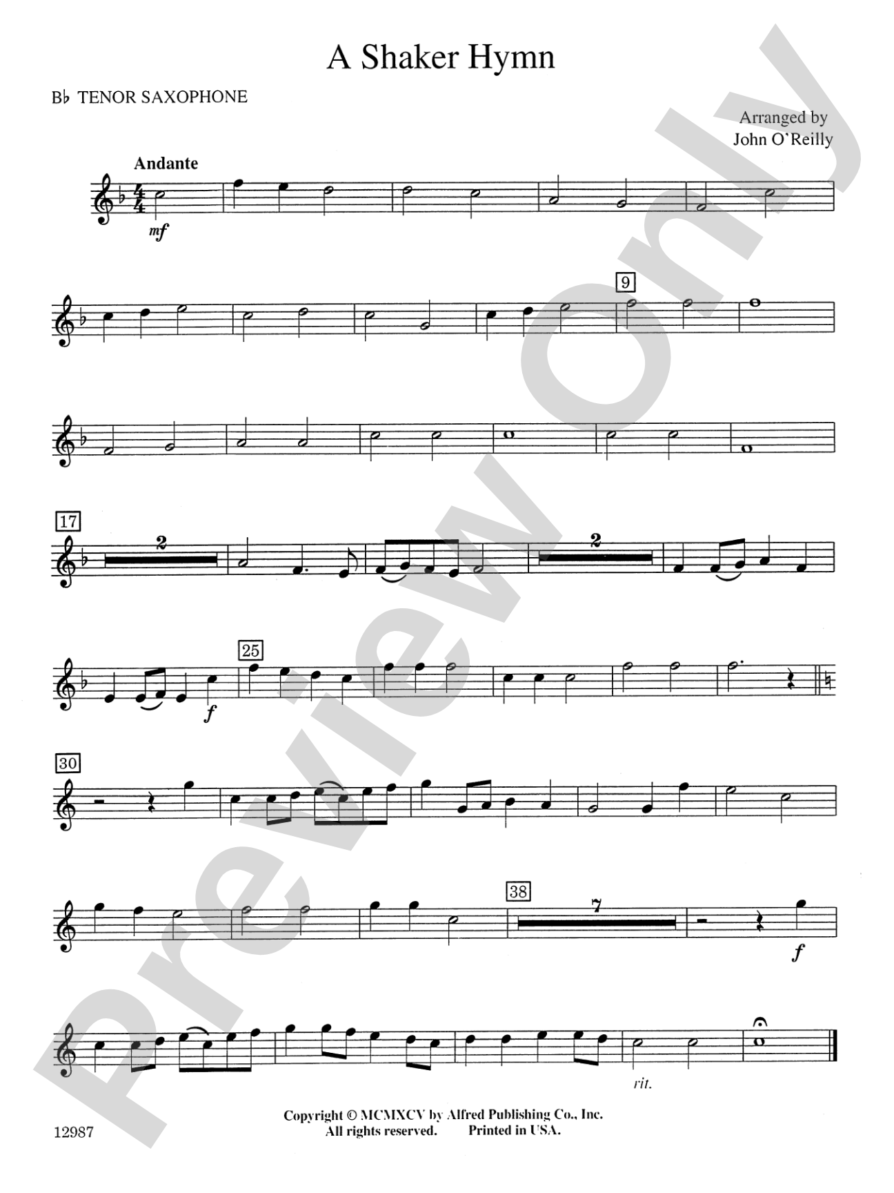 A Shaker Hymn: B-flat Tenor Saxophone