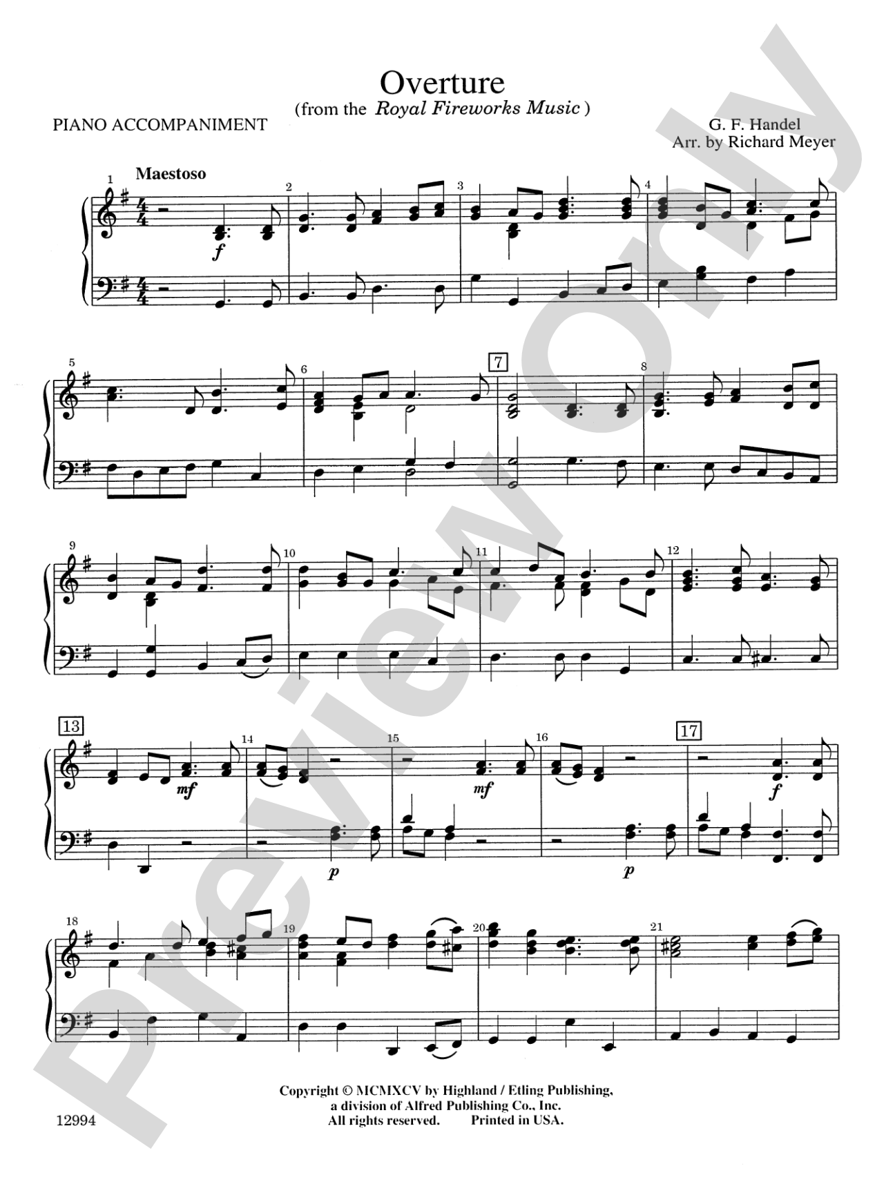 Overture from the "Royal Fireworks Music": Piano Accompaniment