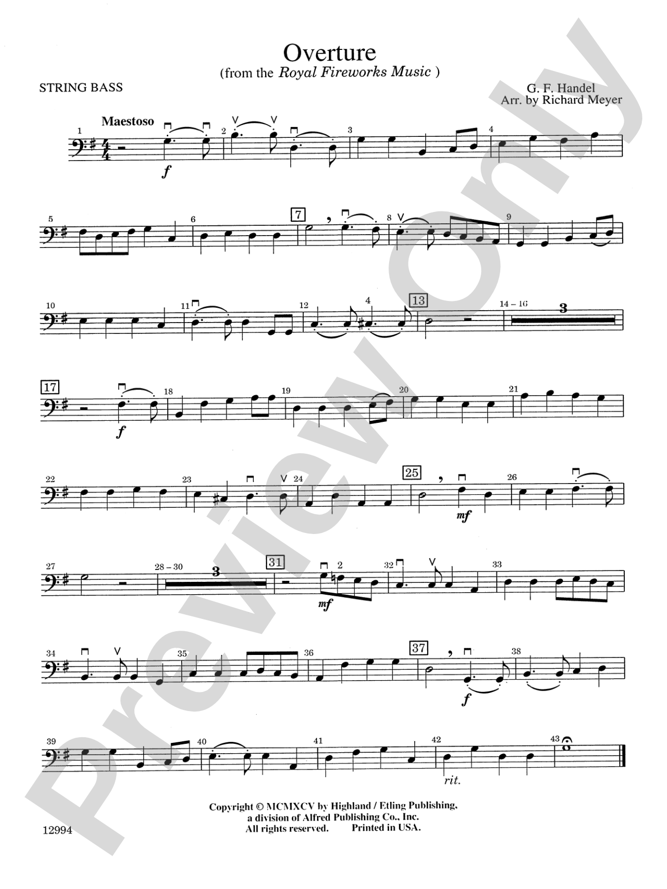 Overture from the "Royal Fireworks Music": String Bass