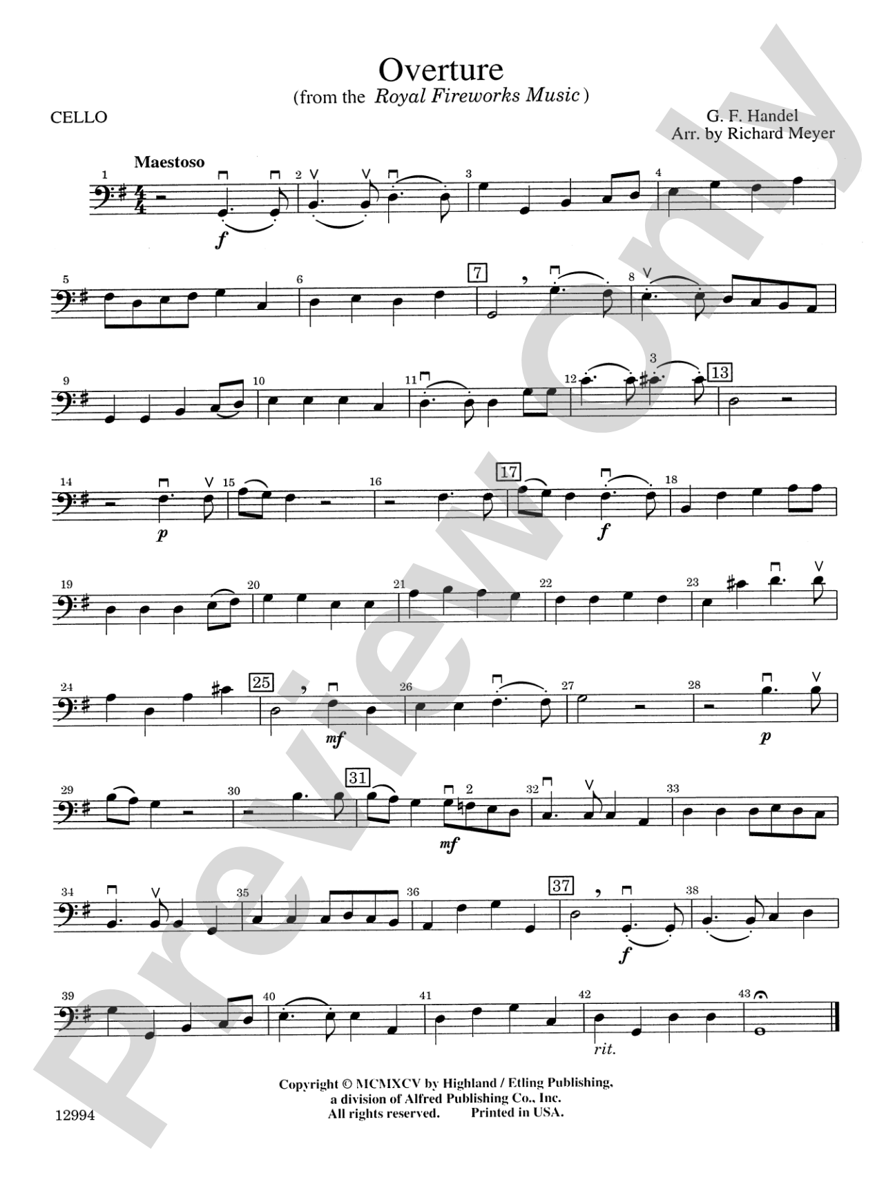 Overture from the "Royal Fireworks Music": Cello