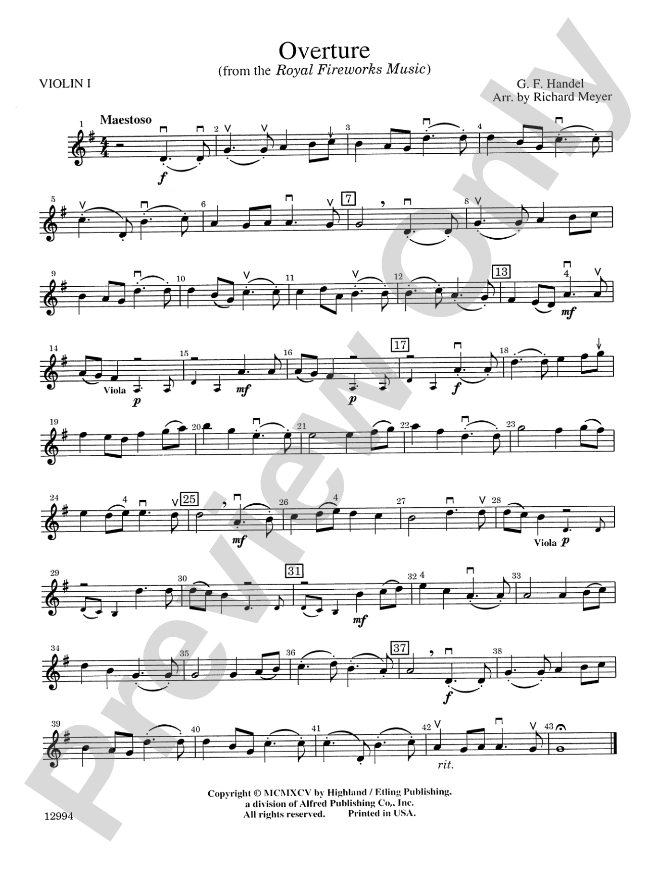 Overture from the "Royal Fireworks Music": 1st Violin