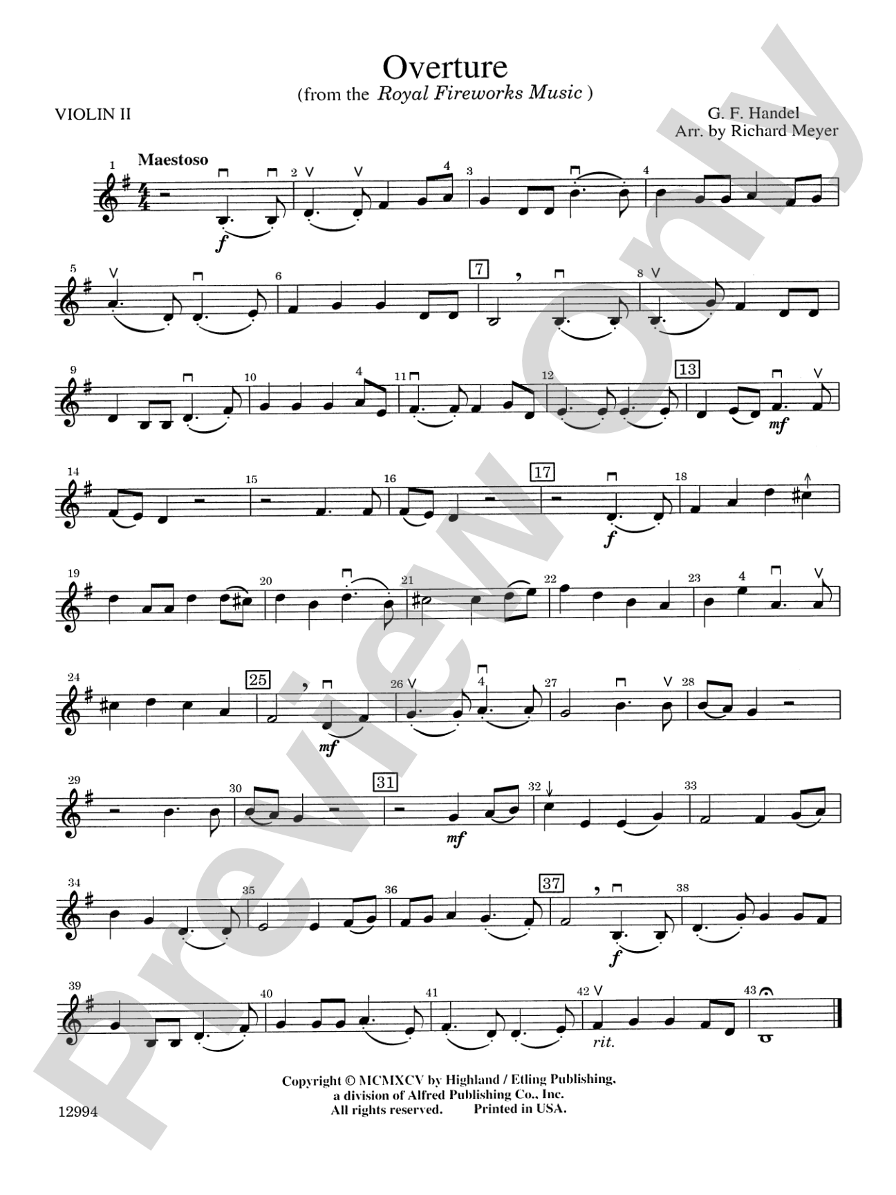 Overture from the "Royal Fireworks Music": 2nd Violin