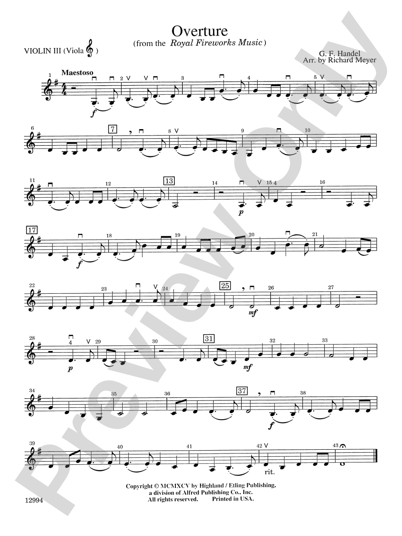 Overture from the "Royal Fireworks Music": 3rd Violin (Viola [TC])