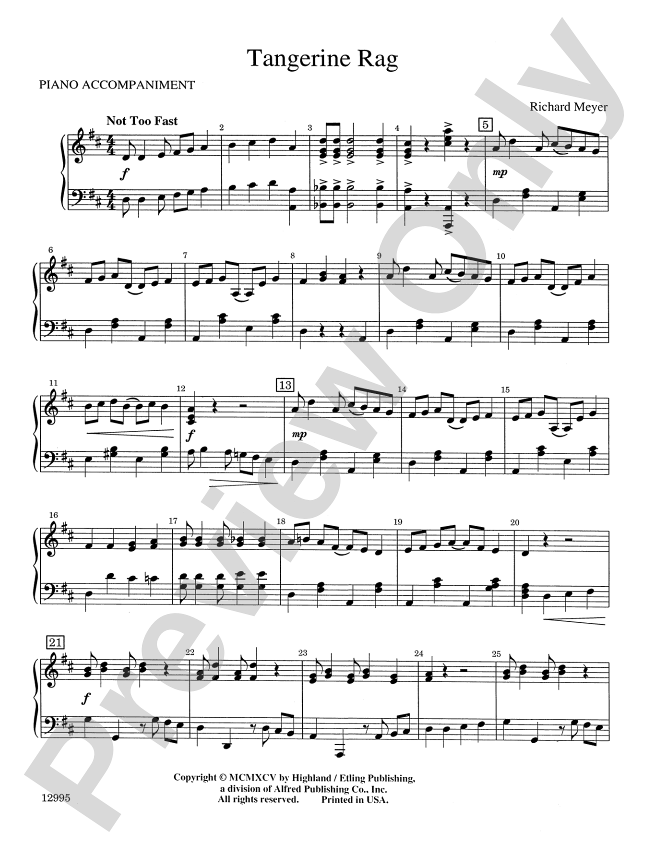 Tangerine Rag: Piano Accompaniment