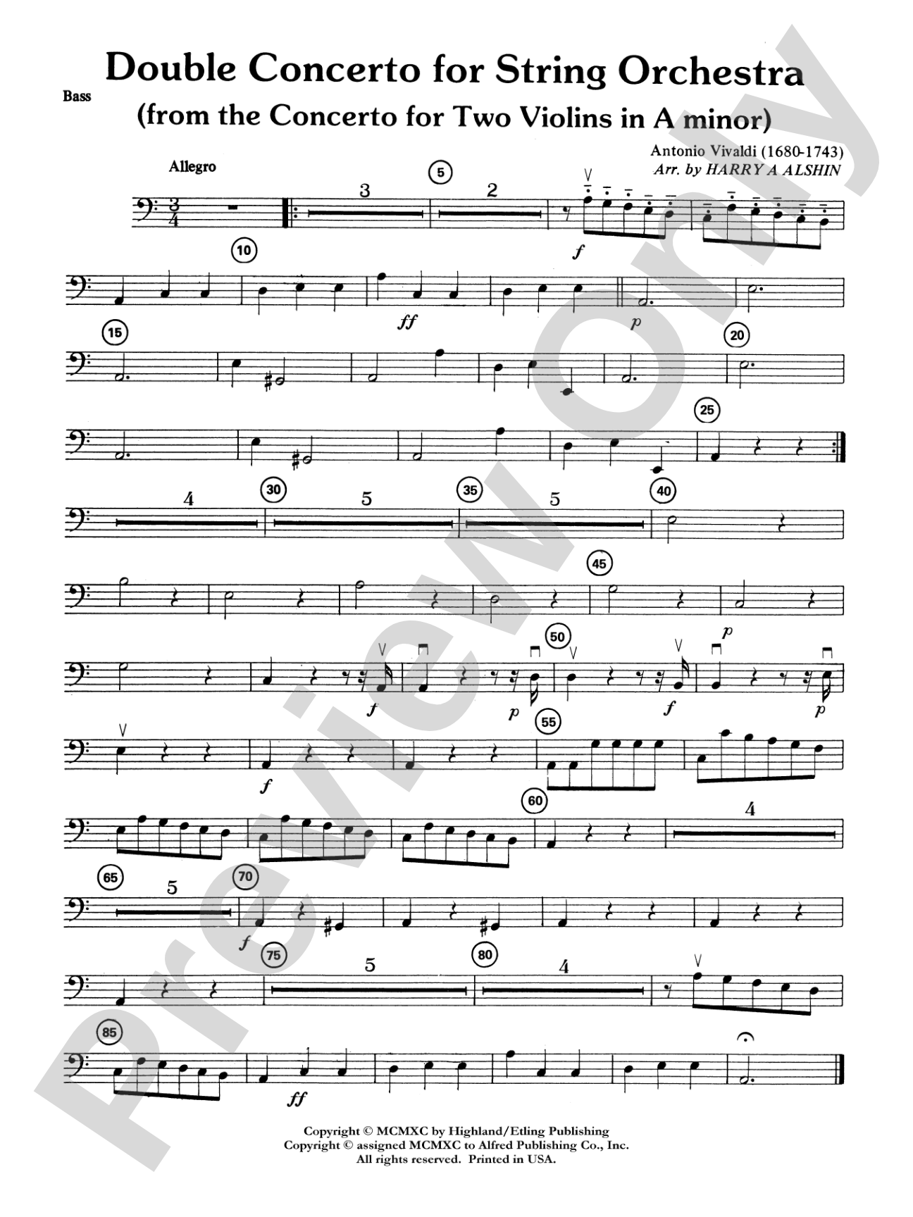 Double Concerto for String Orchestra from Concerto for Two Violins in A Minor: String Bass