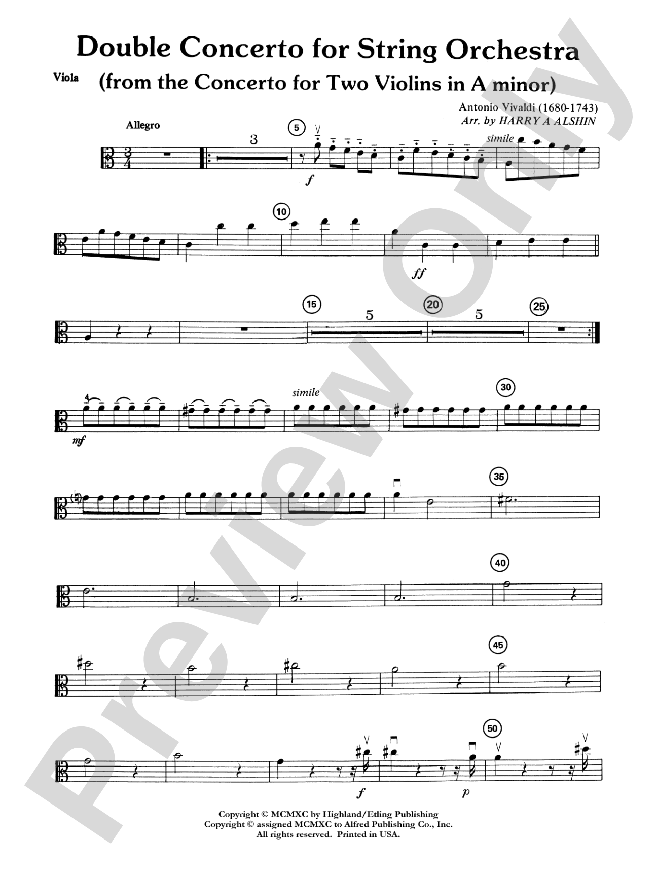 Double Concerto for String Orchestra from Concerto for Two Violins in A Minor: Viola