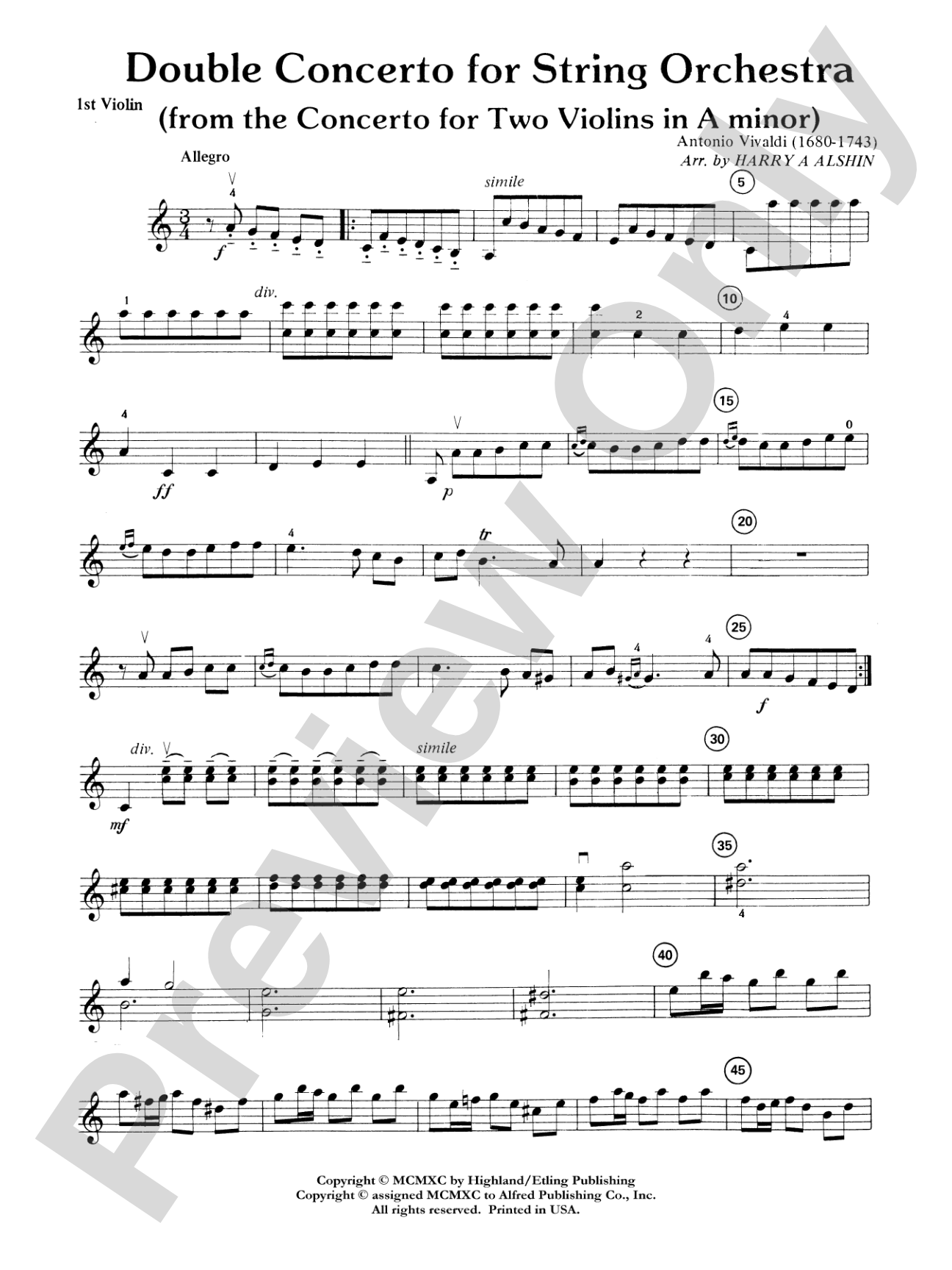 Double Concerto for String Orchestra from Concerto for Two Violins in A Minor: 1st Violin