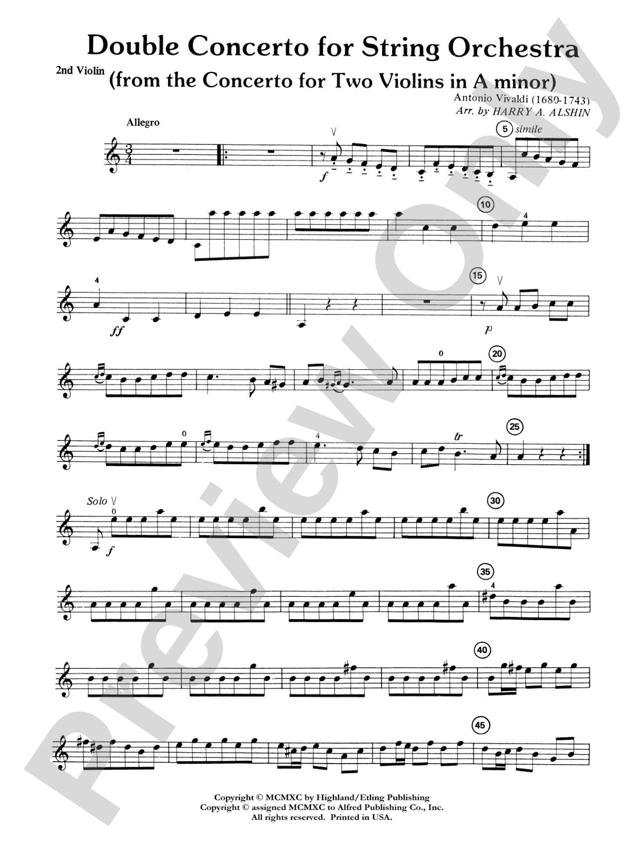 Double Concerto for String Orchestra from Concerto for Two Violins in A Minor: 2nd Violin