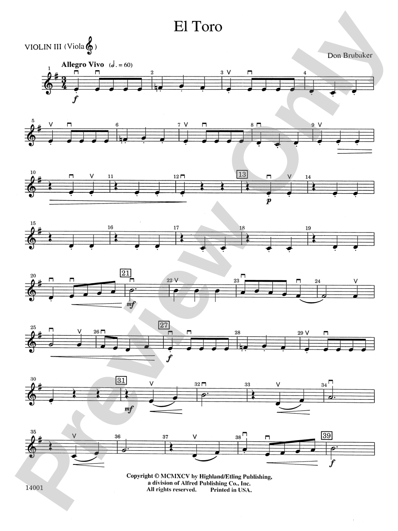 El Toro: 3rd Violin (Viola [TC])