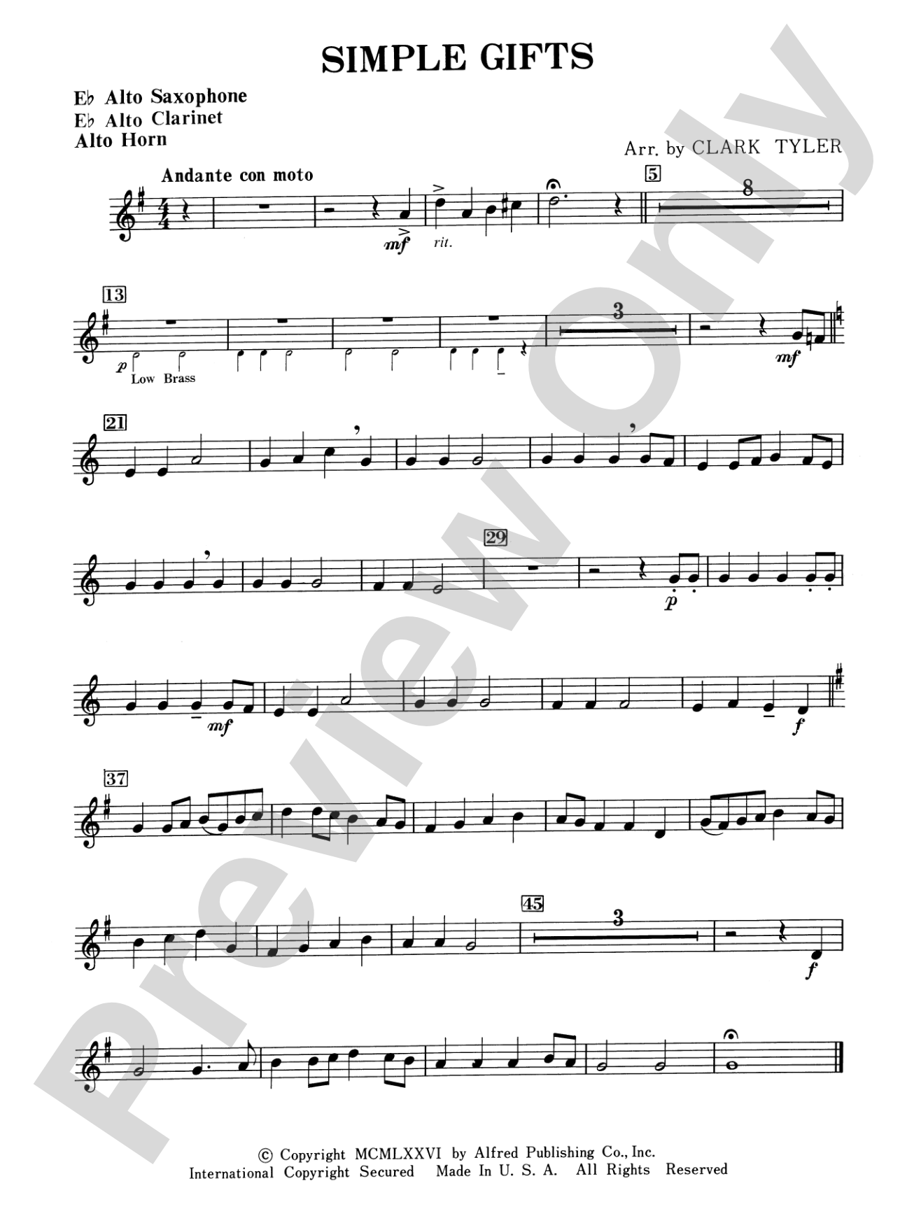 Simple Gifts (Shaker Folk Tune): E-flat Alto Saxophone