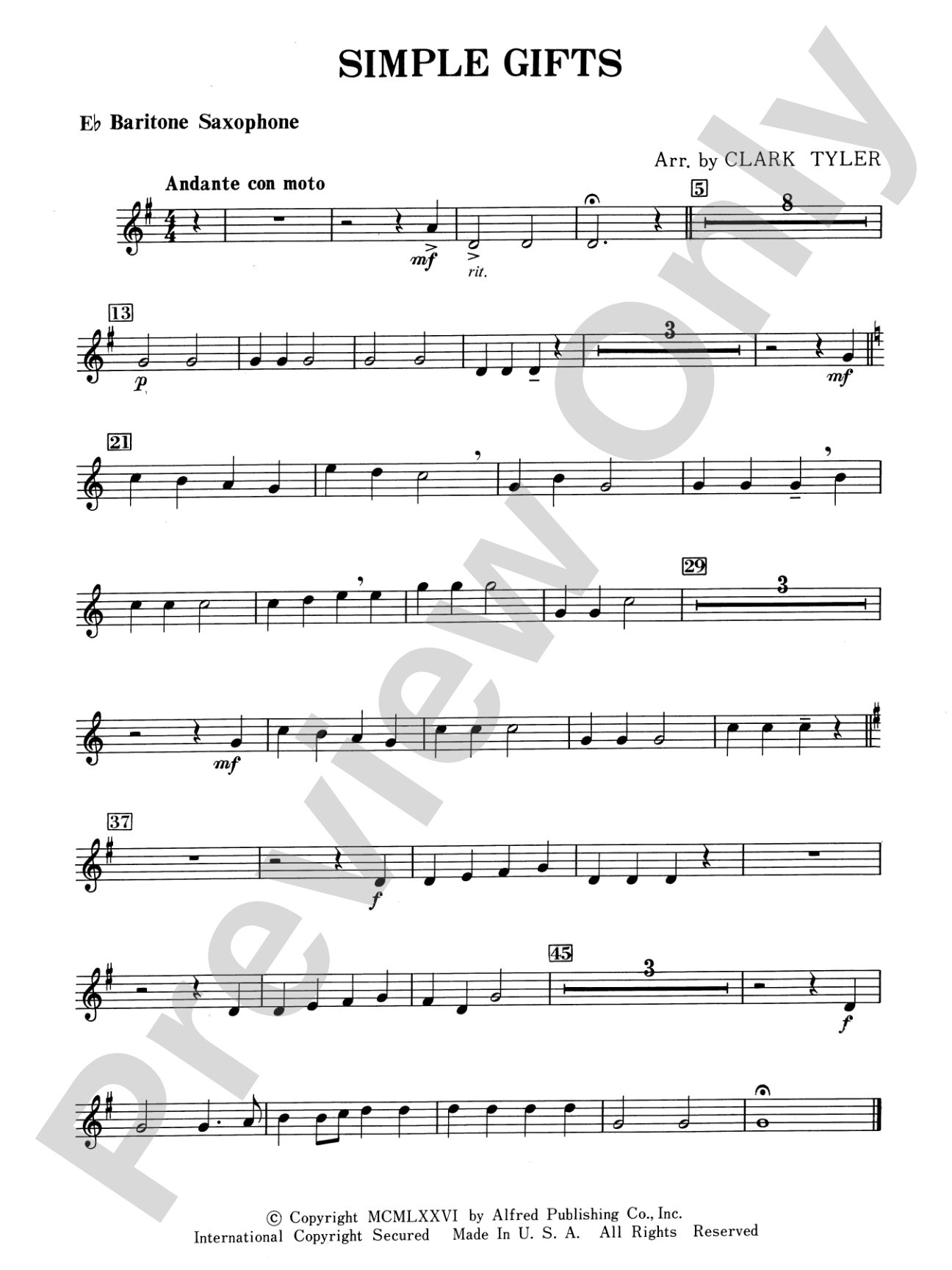 Simple Gifts (Shaker Folk Tune): E-flat Baritone Saxophone