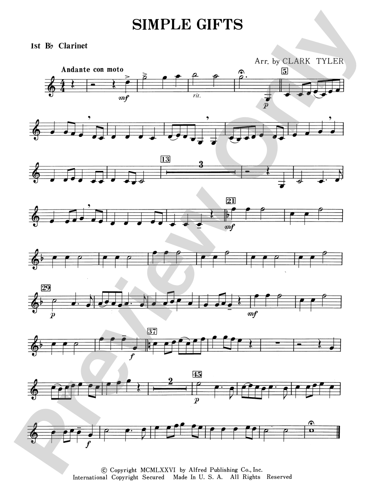 Simple Gifts (Shaker Folk Tune): 1st B-flat Clarinet