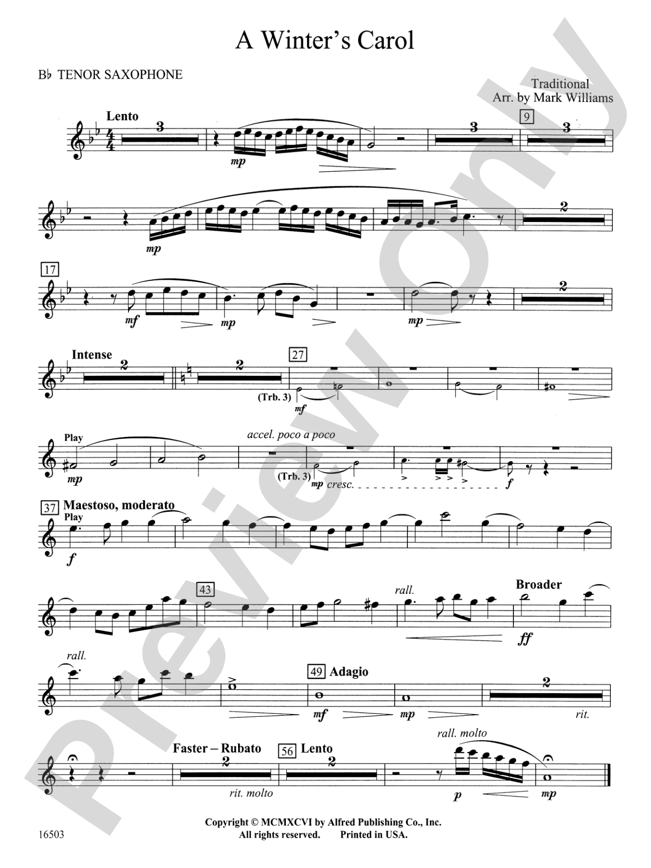 A Winter's Carol: B-flat Tenor Saxophone
