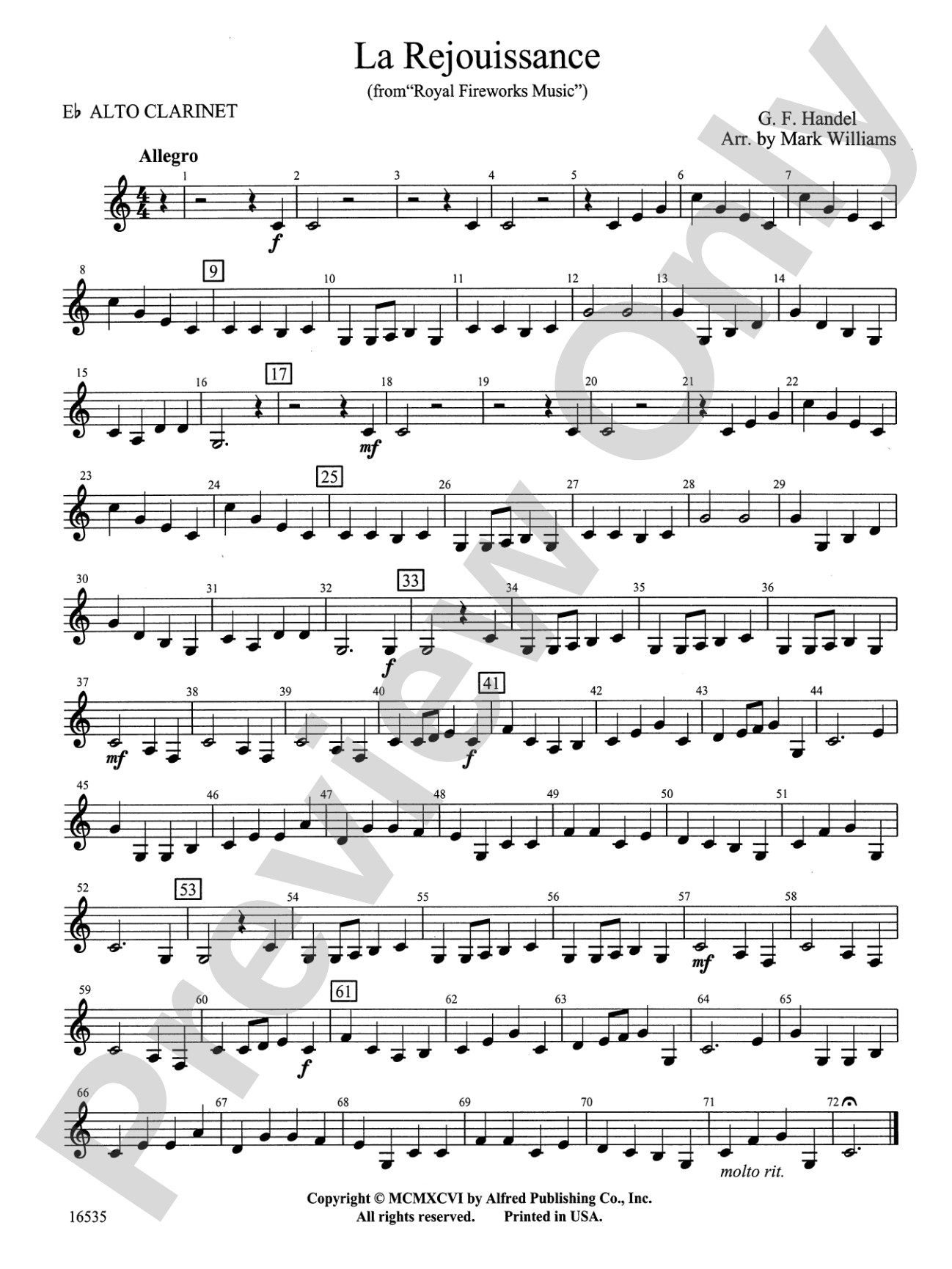 La Rejouissance from Royal Fireworks Music: E-flat Alto Clarinet
