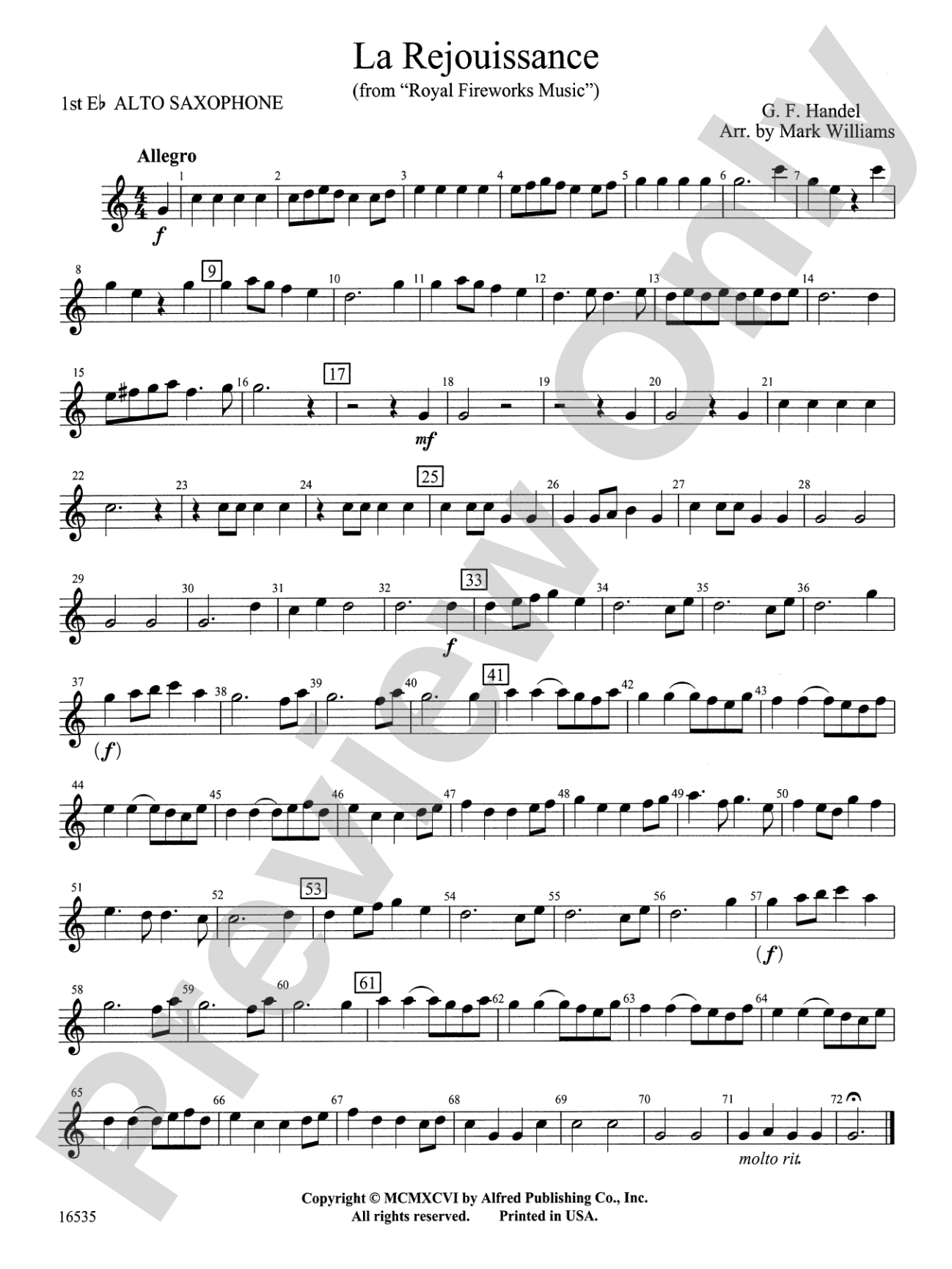 La Rejouissance from Royal Fireworks Music: E-flat Alto Saxophone