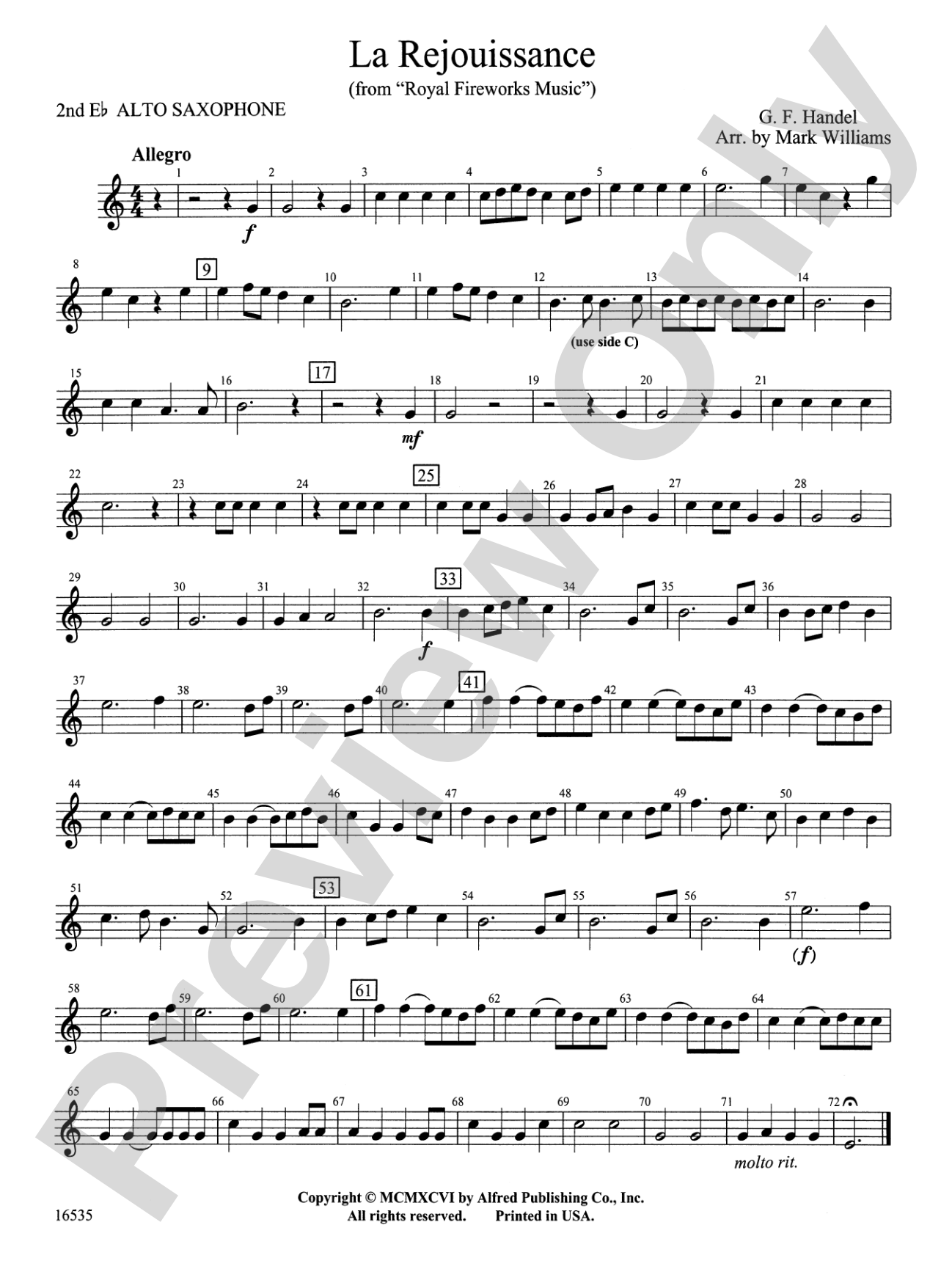 La Rejouissance from Royal Fireworks Music: 2nd E-flat Alto Saxophone