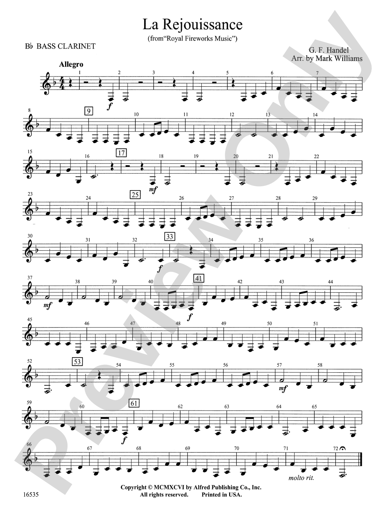 La Rejouissance from Royal Fireworks Music: B-flat Bass Clarinet