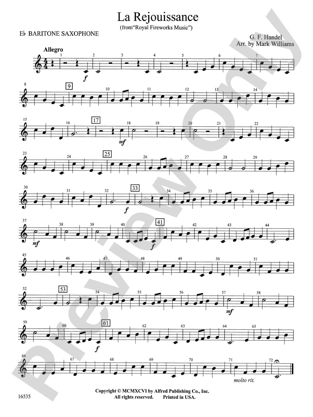 La Rejouissance from Royal Fireworks Music: E-flat Baritone Saxophone