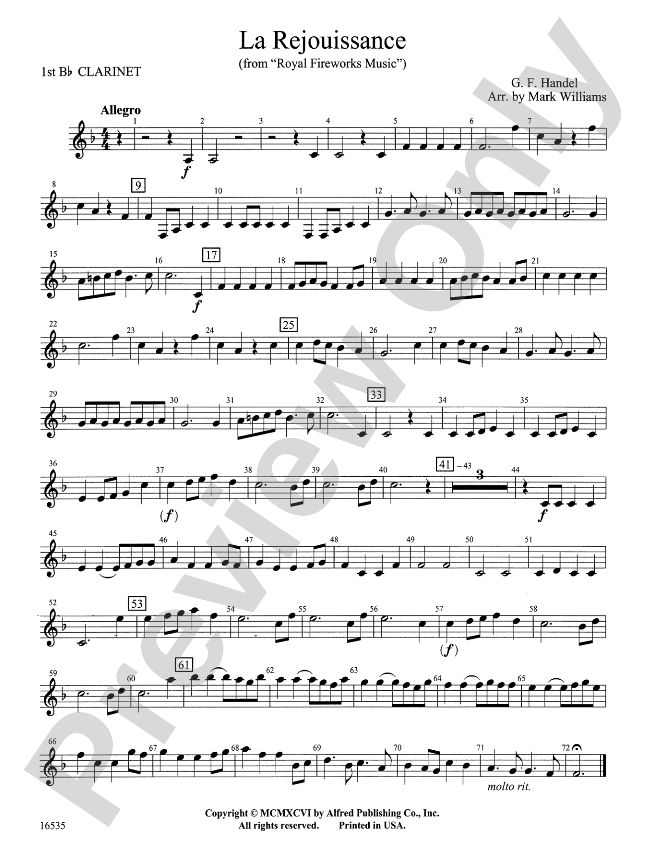 La Rejouissance from Royal Fireworks Music: 1st B-flat Clarinet