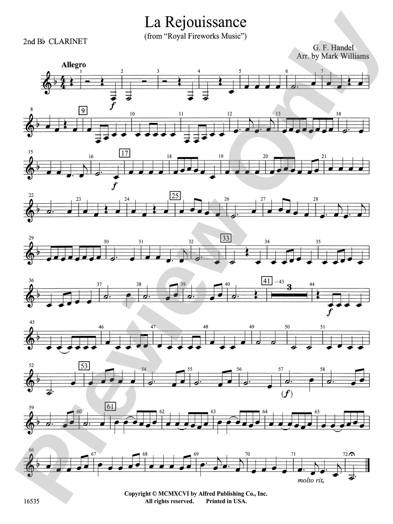 La Rejouissance from Royal Fireworks Music: 2nd B-flat Clarinet