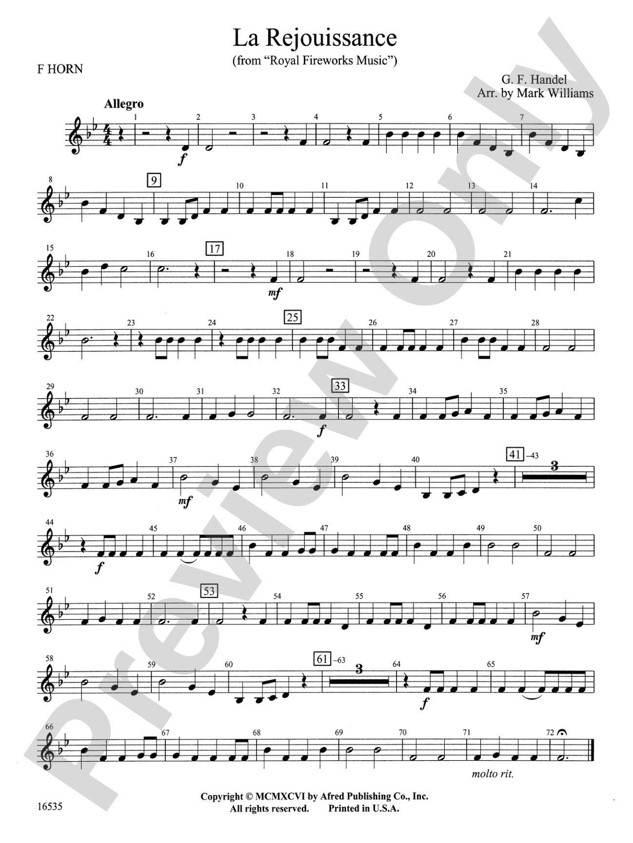 La Rejouissance from Royal Fireworks Music: 1st F Horn