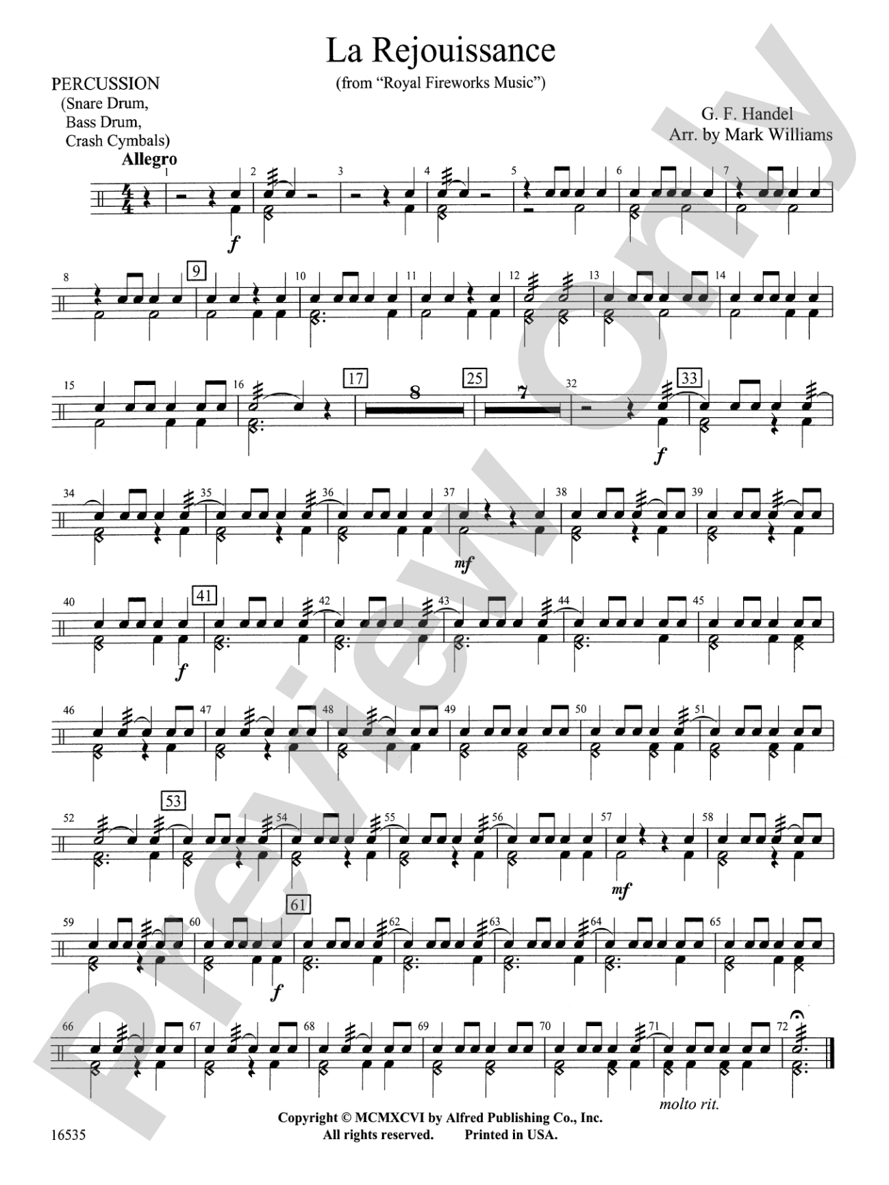 La Rejouissance from Royal Fireworks Music: 1st Percussion