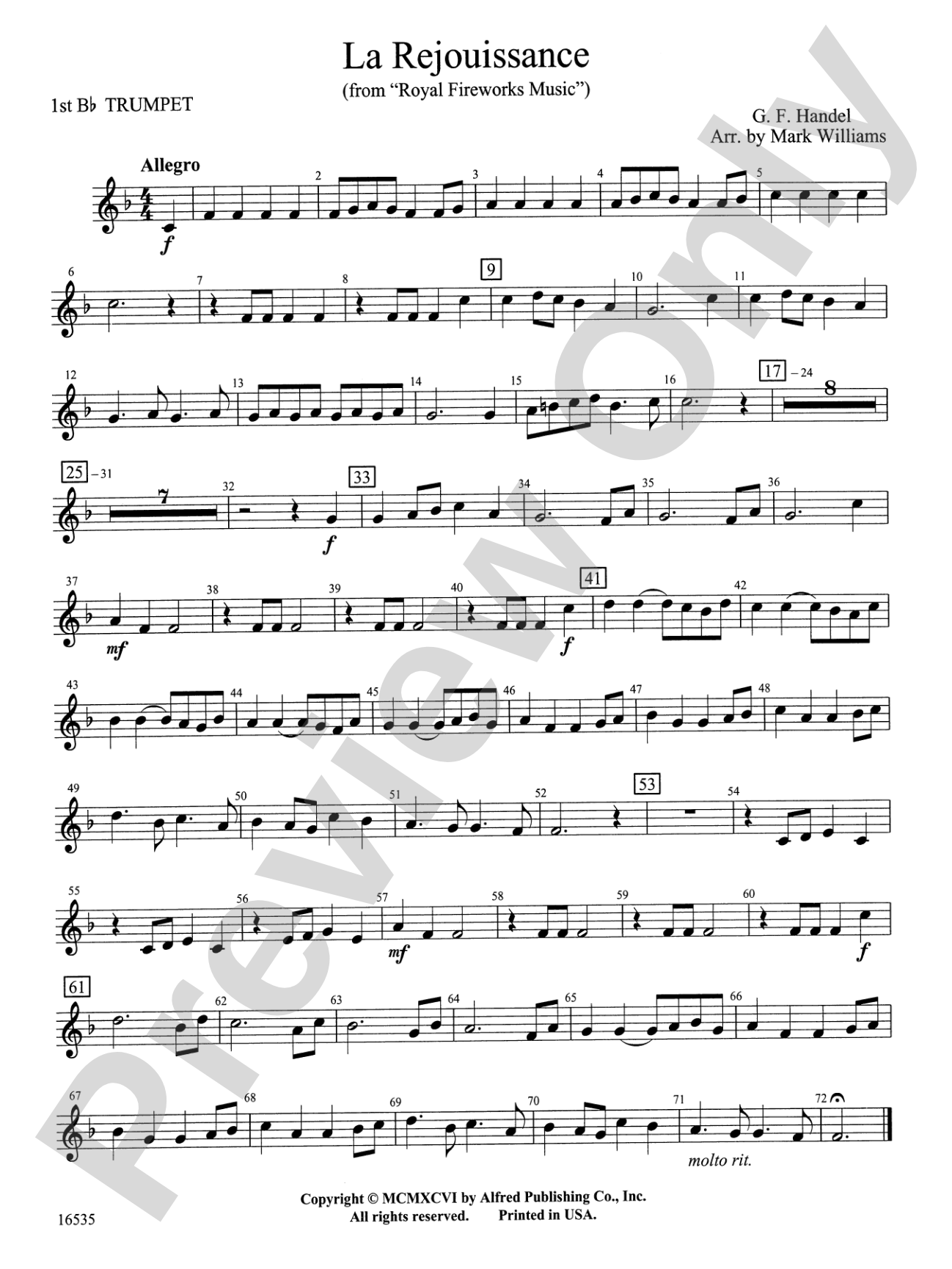 La Rejouissance from Royal Fireworks Music: 1st B-flat Trumpet