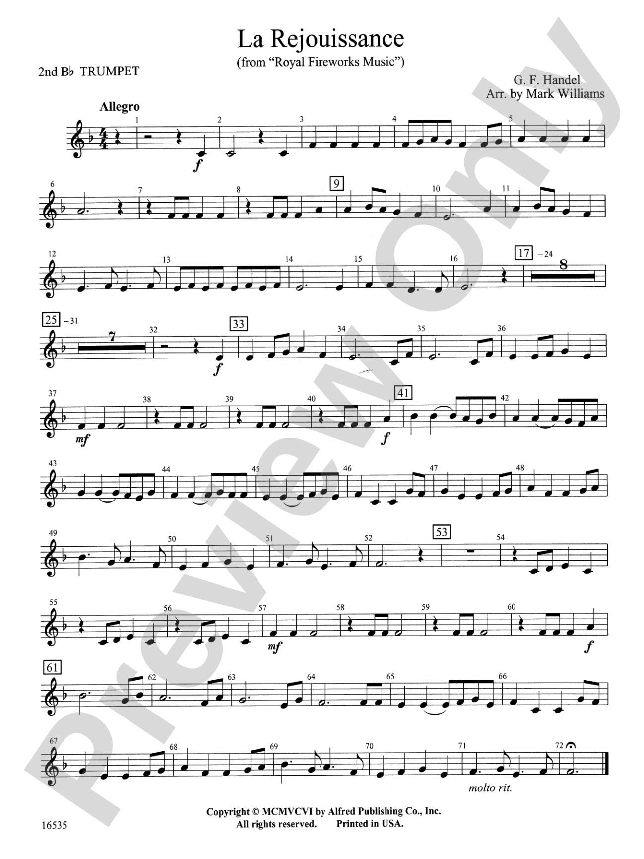 La Rejouissance from Royal Fireworks Music: 2nd B-flat Trumpet