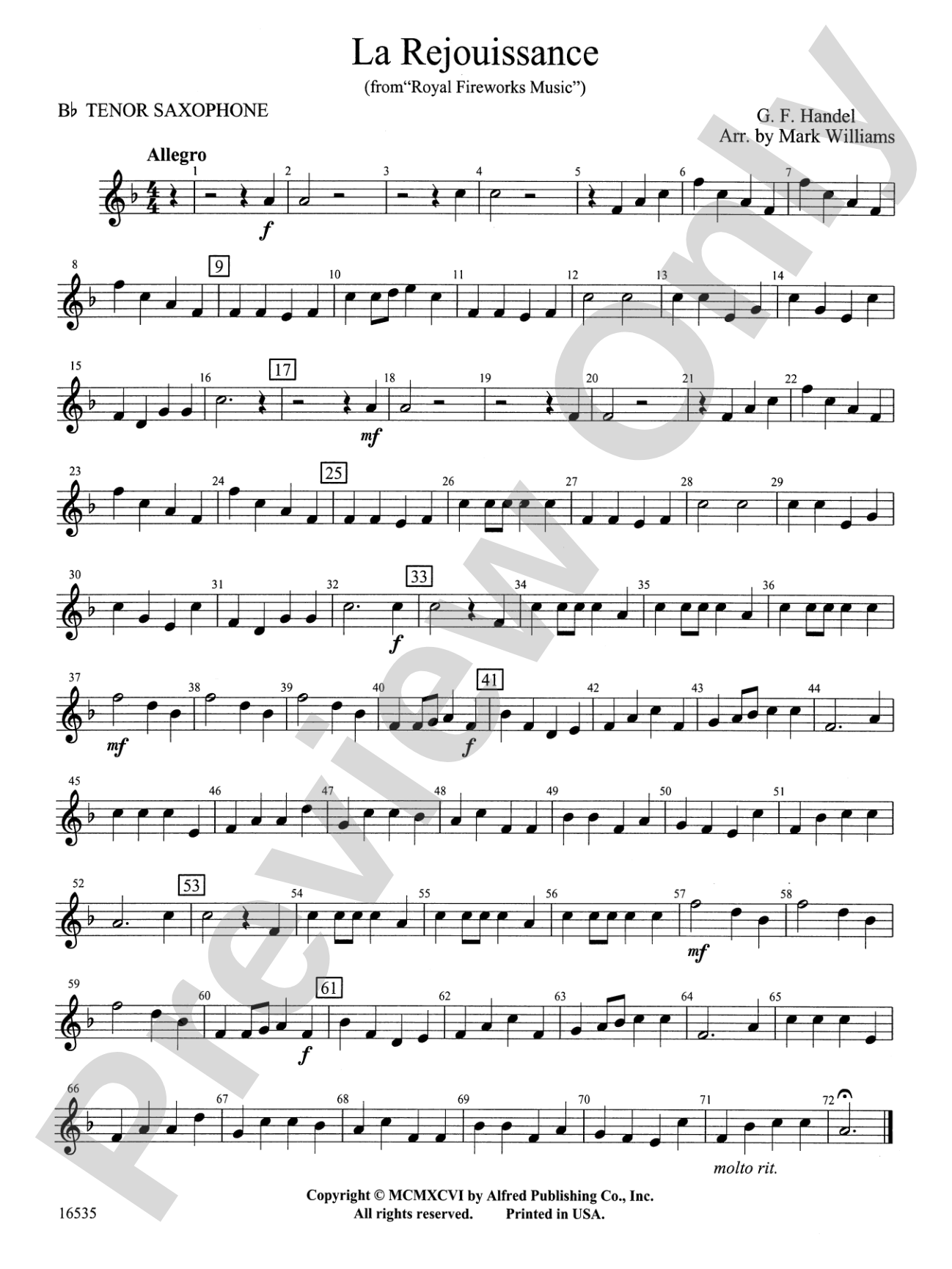 La Rejouissance from Royal Fireworks Music: B-flat Tenor Saxophone