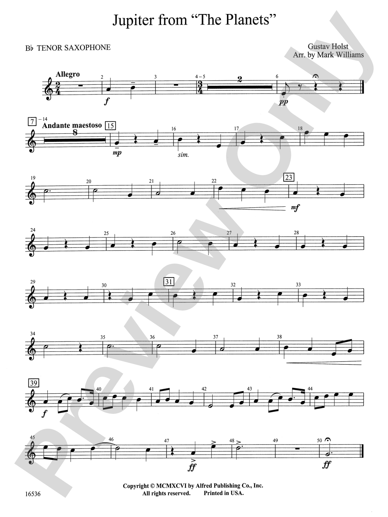 Jupiter from "The Planets": B-flat Tenor Saxophone