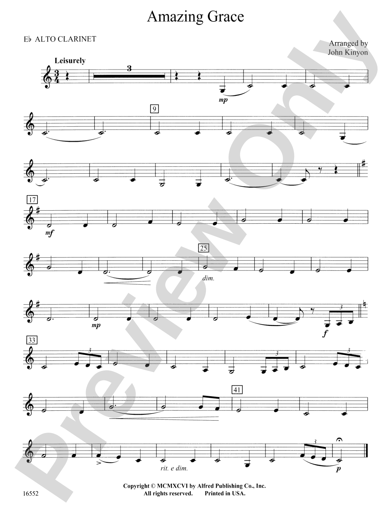 Amazing Grace: E-flat Alto Clarinet