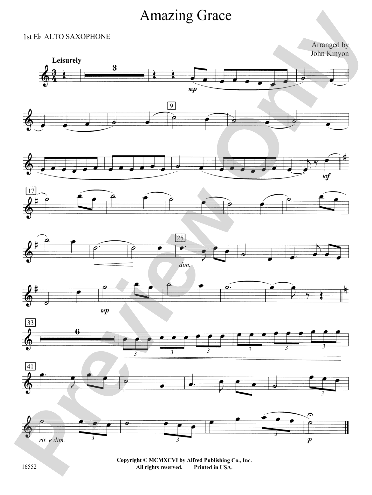 Amazing Grace: E-flat Alto Saxophone