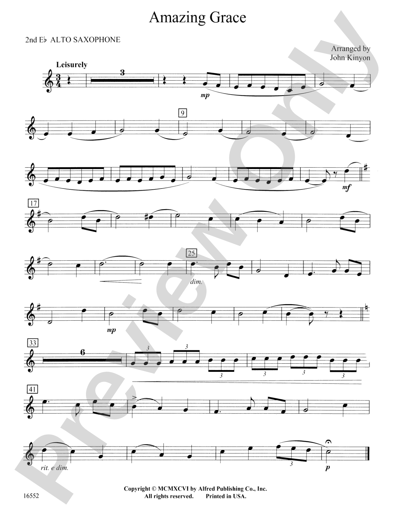 Amazing Grace: 2nd E-flat Alto Saxophone