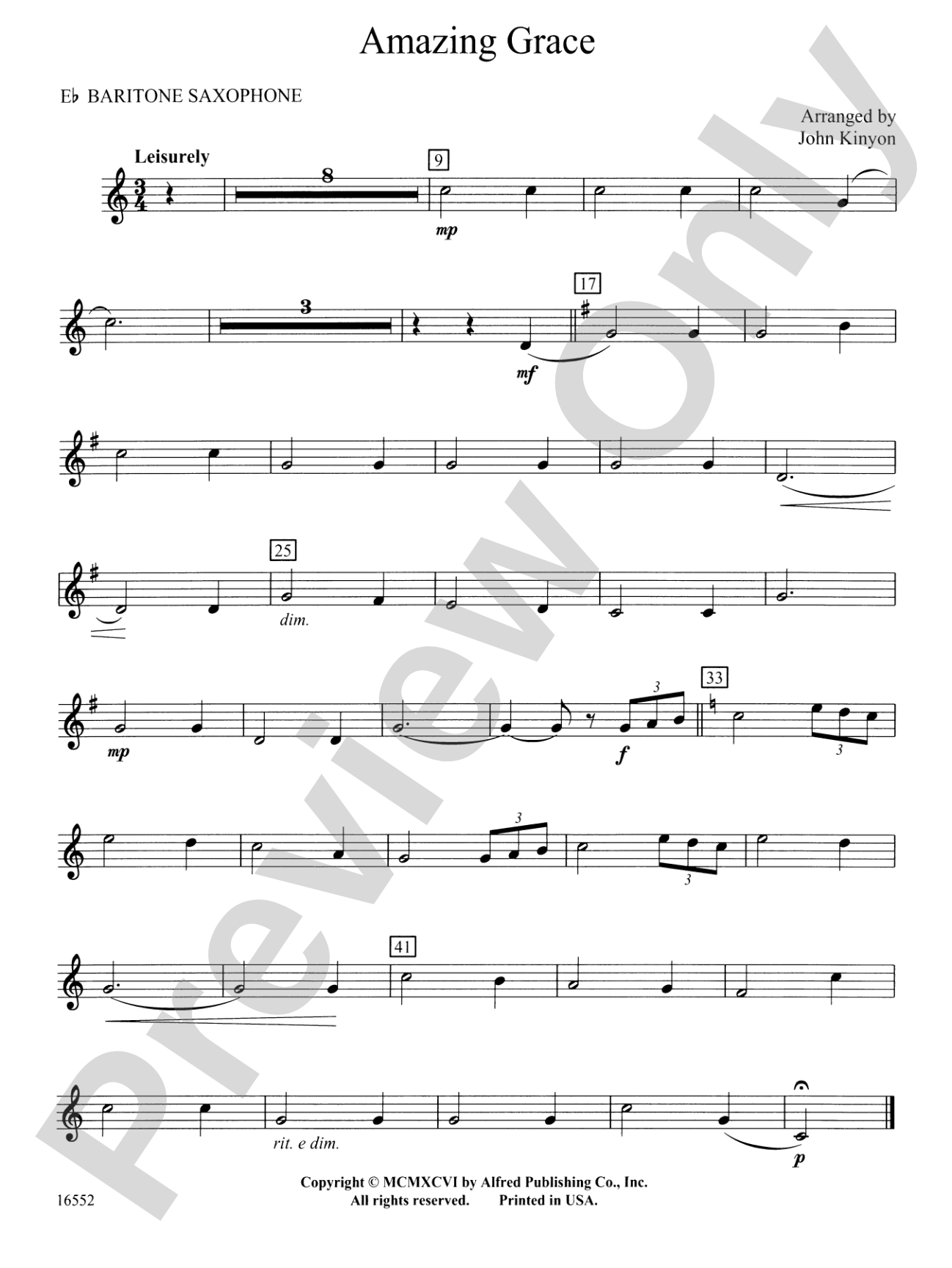 Amazing Grace: E-flat Baritone Saxophone