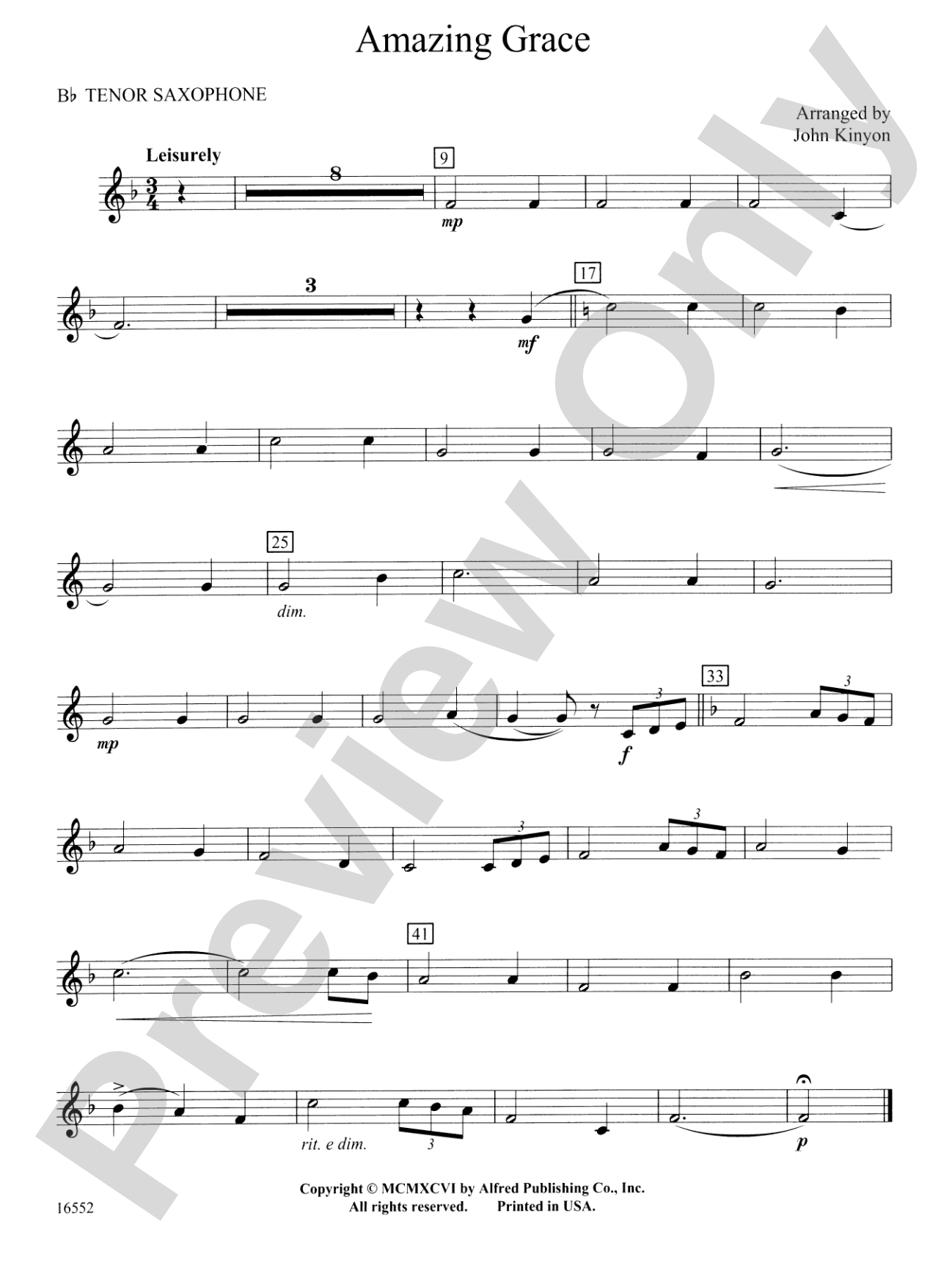 Amazing Grace: B-flat Tenor Saxophone