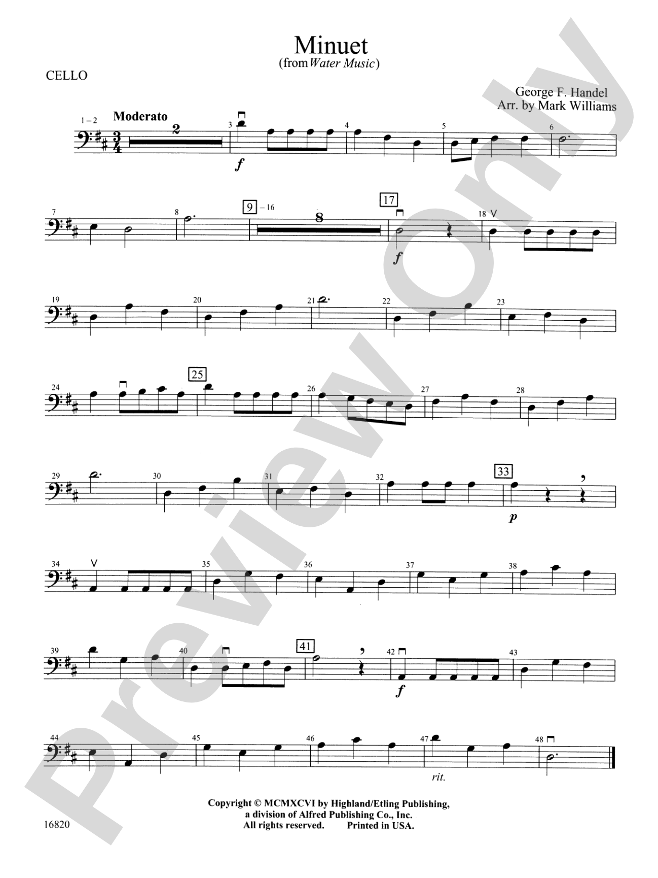 Minuet from Water Music: Cello