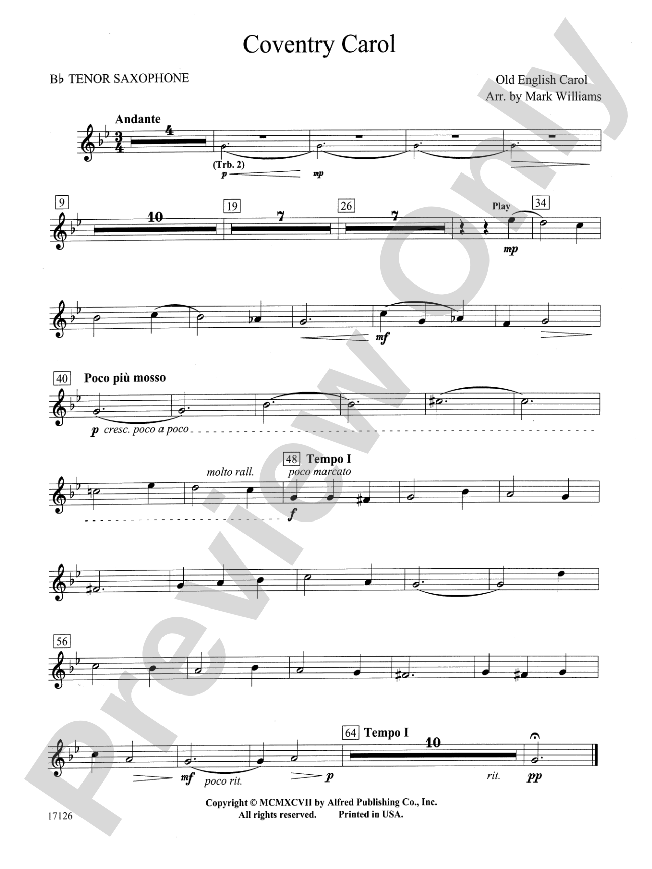 Coventry Carol: B-flat Tenor Saxophone