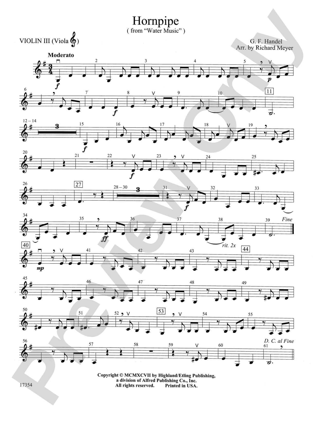 Hornpipe (from Water Music): 3rd Violin (Viola [TC])