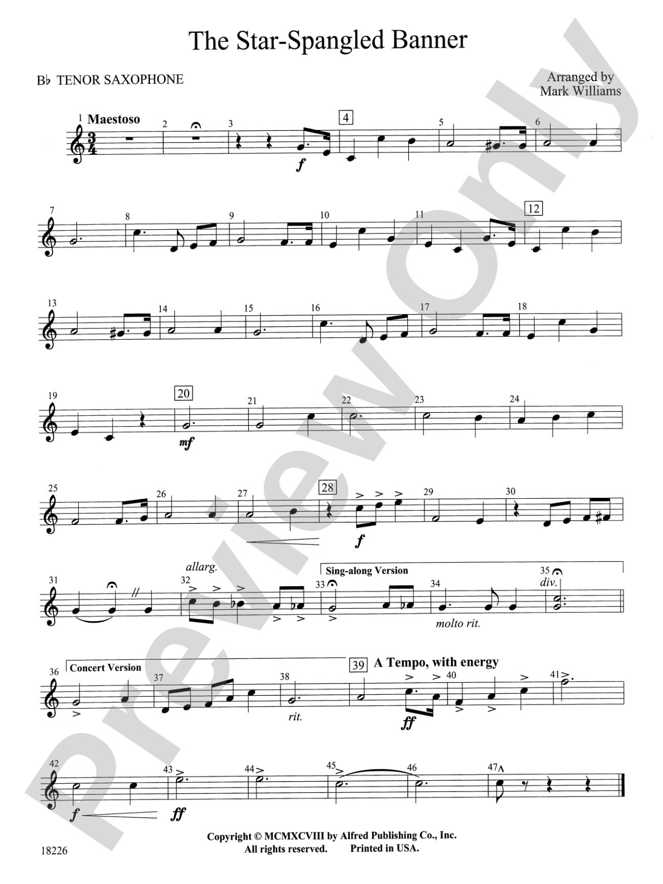 The Star Spangled Banner: B-flat Tenor Saxophone