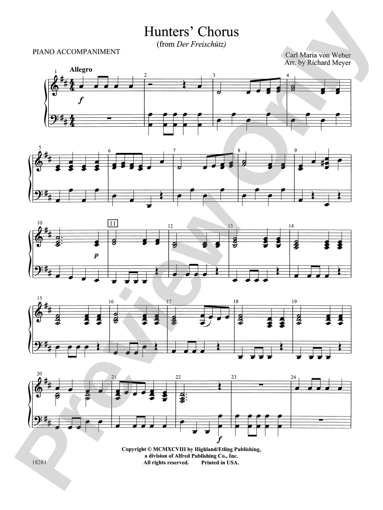 Hunters' Chorus from Der Freischutz: Piano Accompaniment
