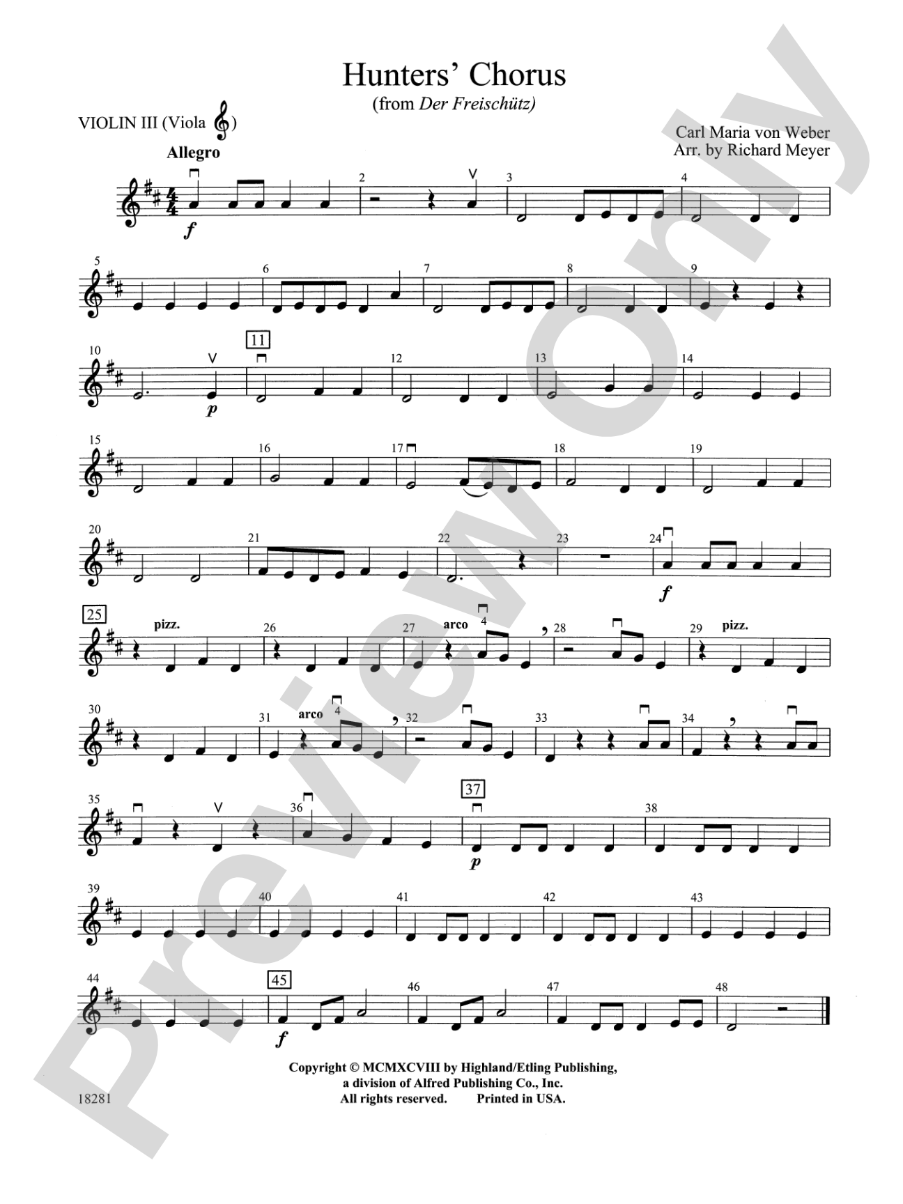 Hunters' Chorus from Der Freischutz: 3rd Violin (Viola [TC])